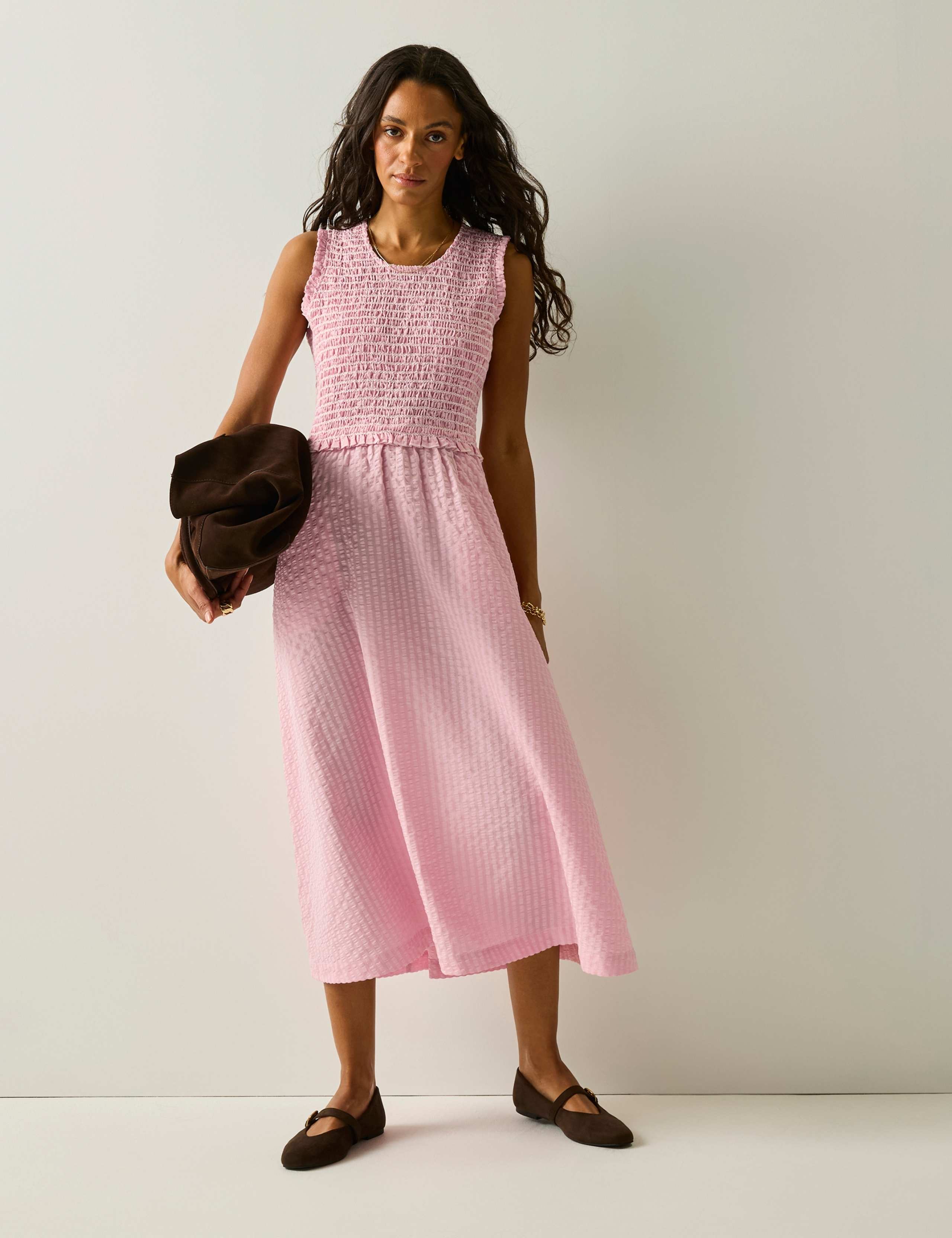Textured Round Neck Midi Shirred Dress 3 of 7