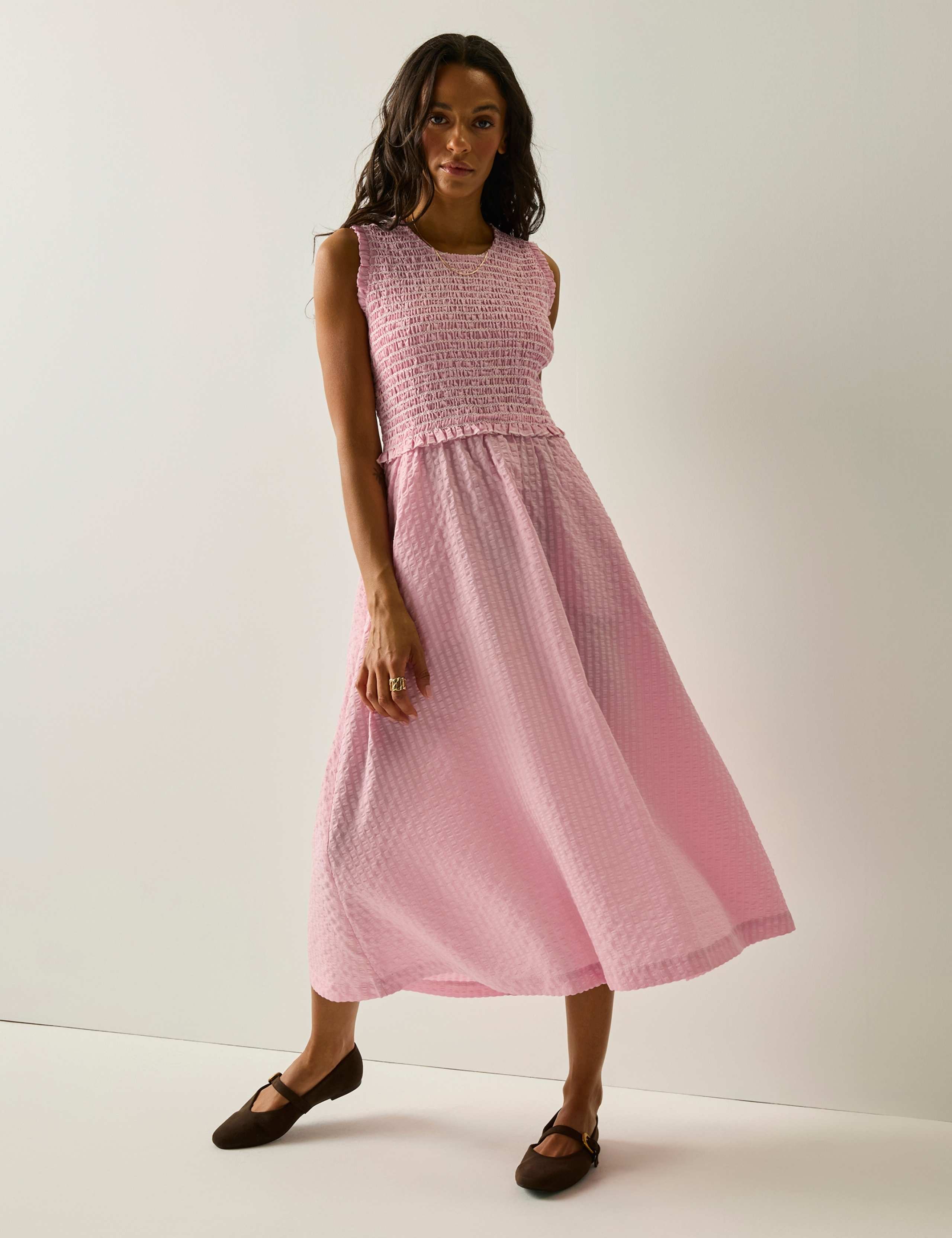 Textured Round Neck Midi Shirred Dress 6 of 7