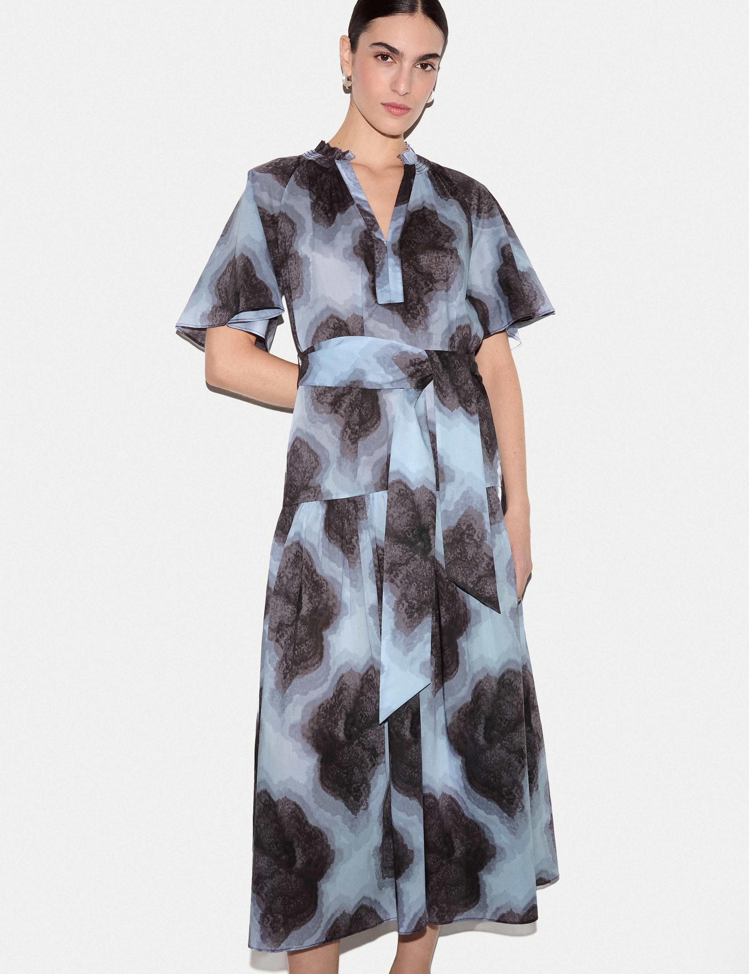 Pure Cotton Printed V-Neck Midi Waisted Dress 1 of 5