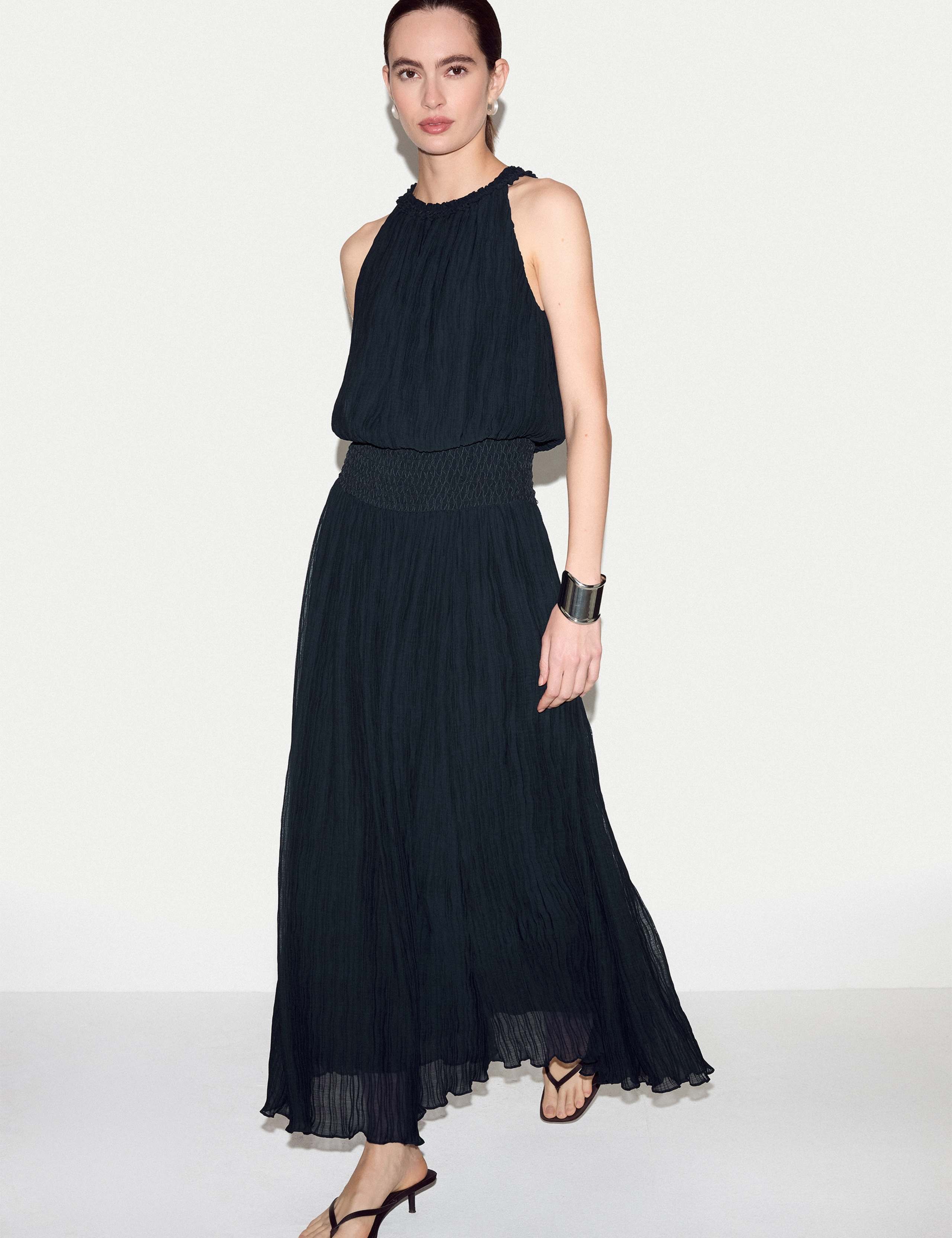 Plisse Crew Neck Midaxi Waisted Dress 1 of 6
