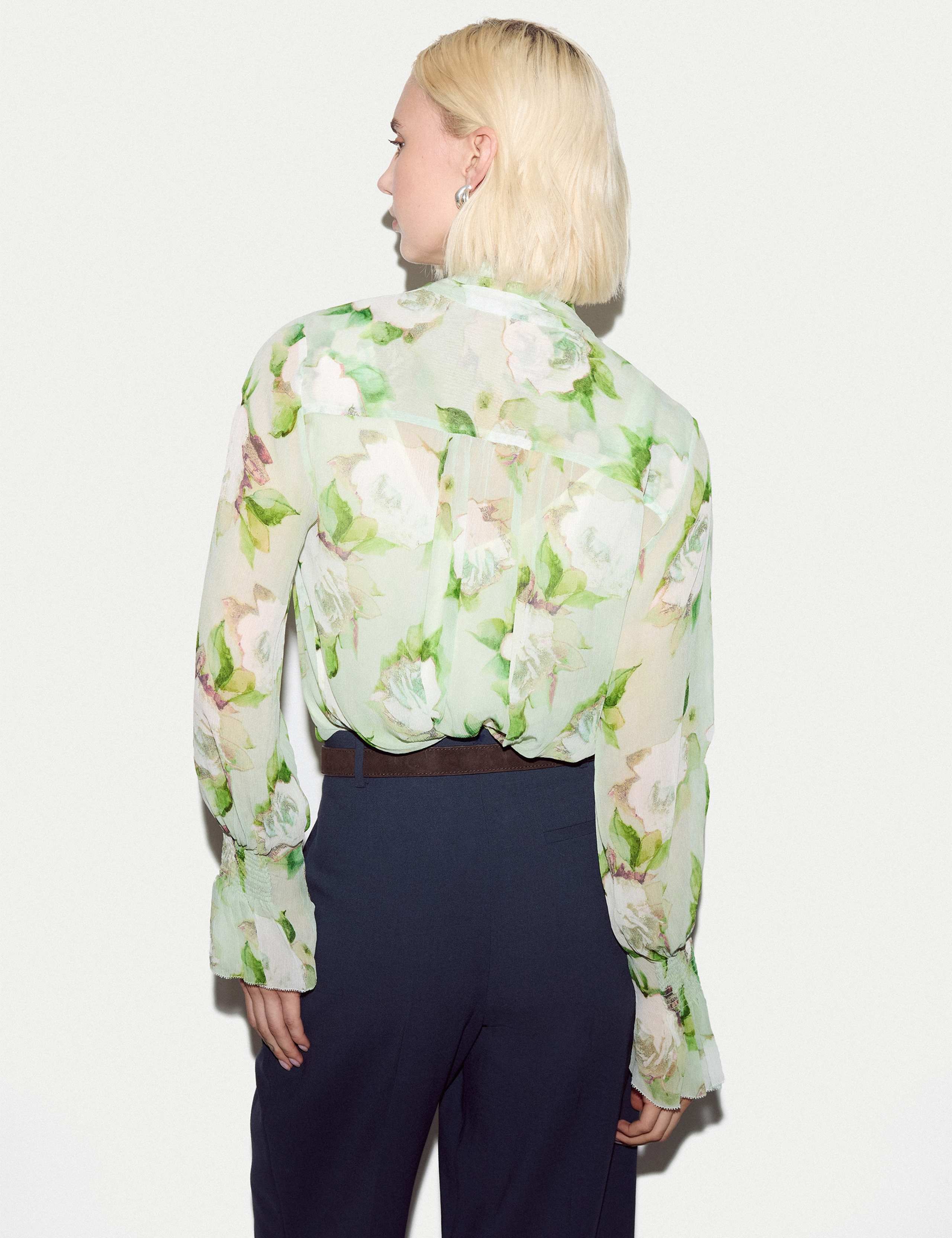 Sheer Floral Tie Neck Shirred Cuff Blouse 2 of 4