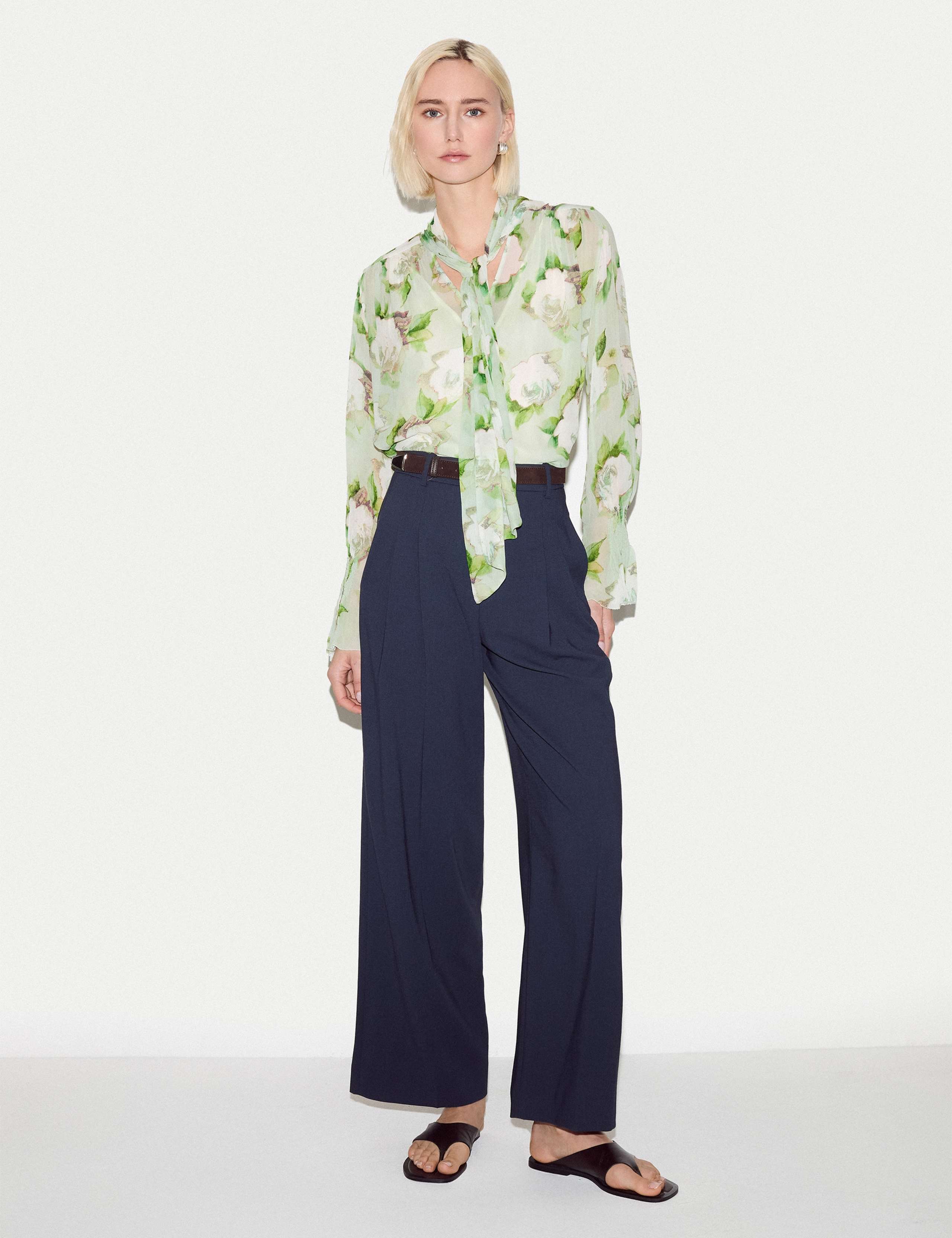 Sheer Floral Tie Neck Shirred Cuff Blouse 3 of 4