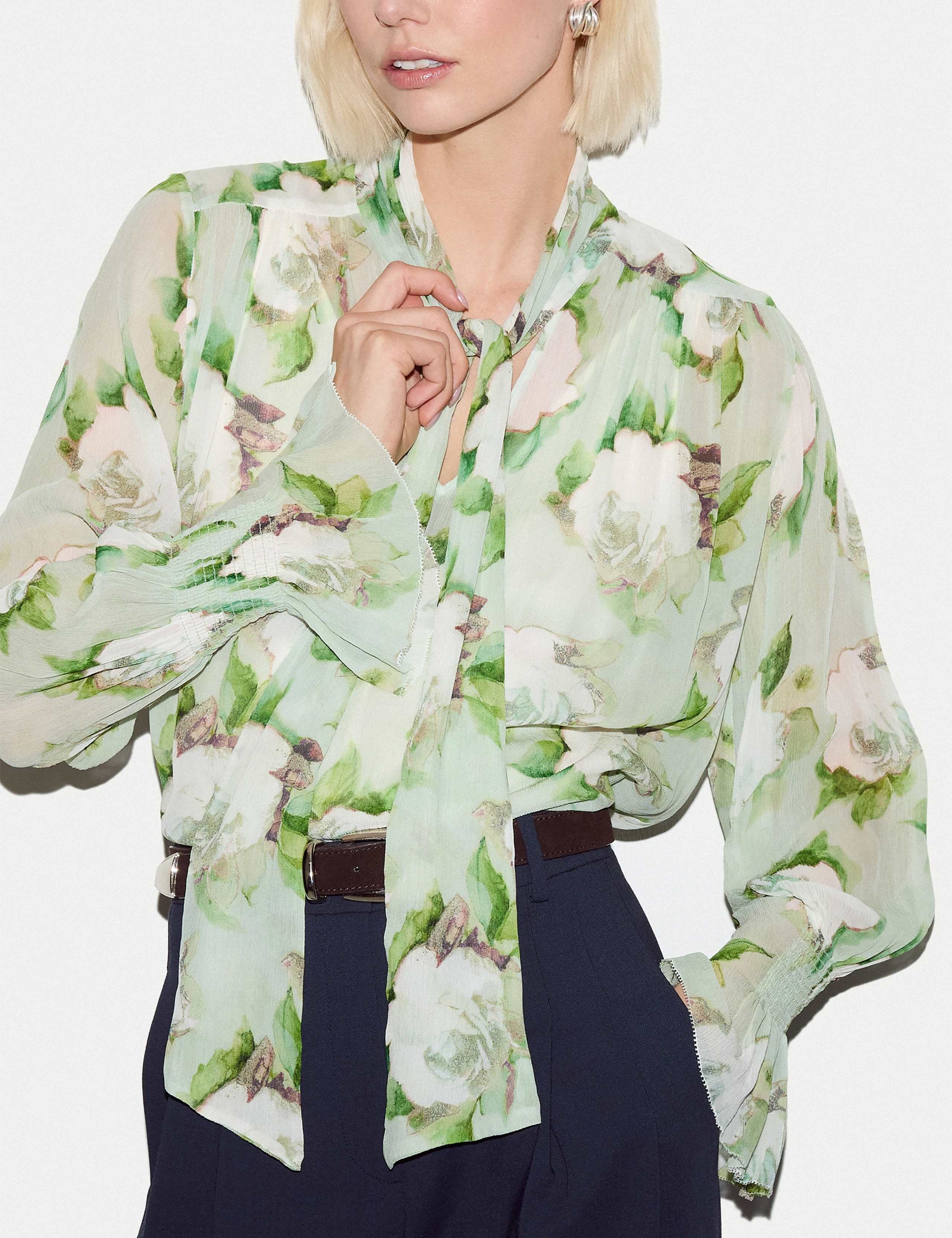 Sheer Floral Tie Neck Shirred Cuff Blouse 4 of 4