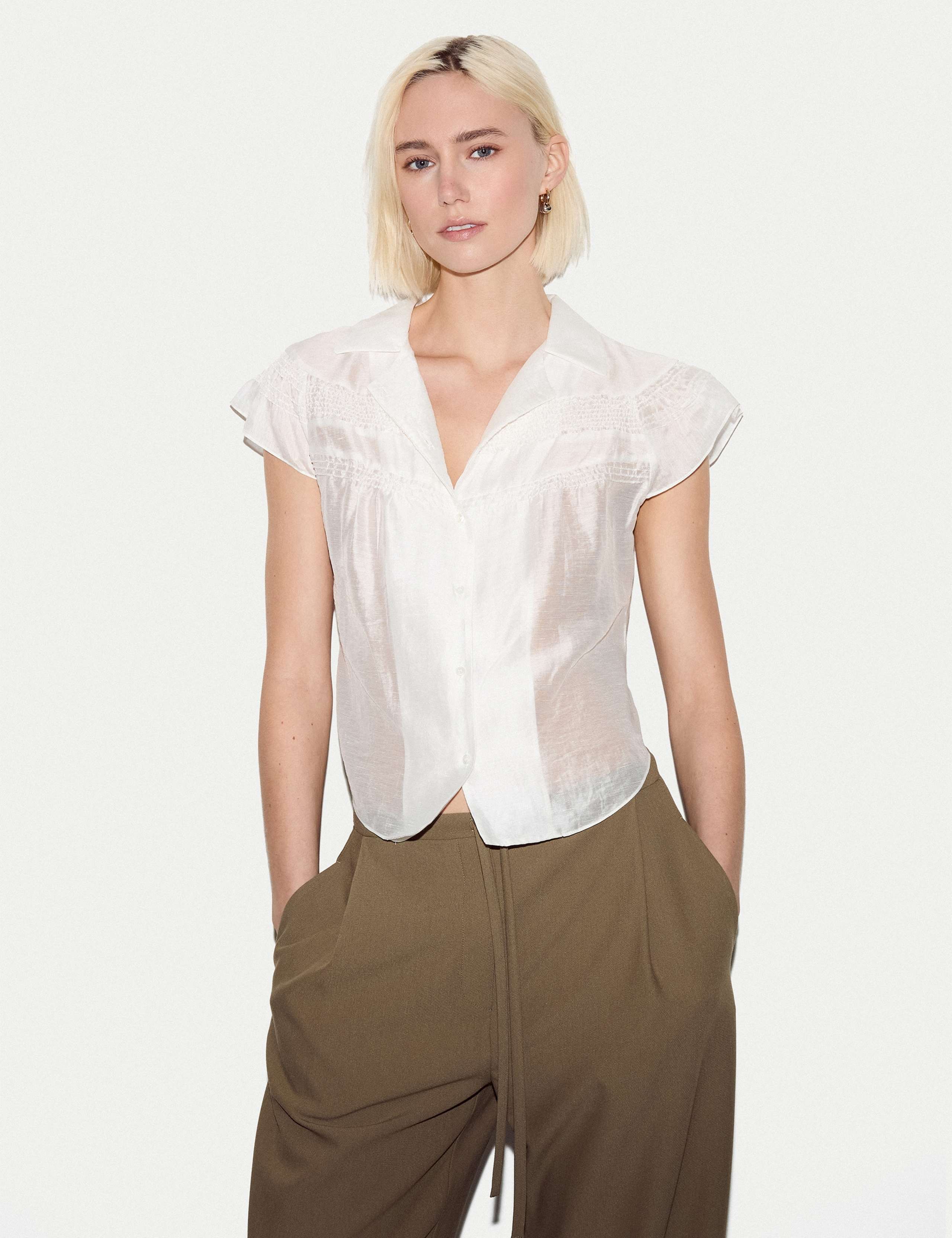 Lyocell Blend Collared Smocked Blouse 1 of 5
