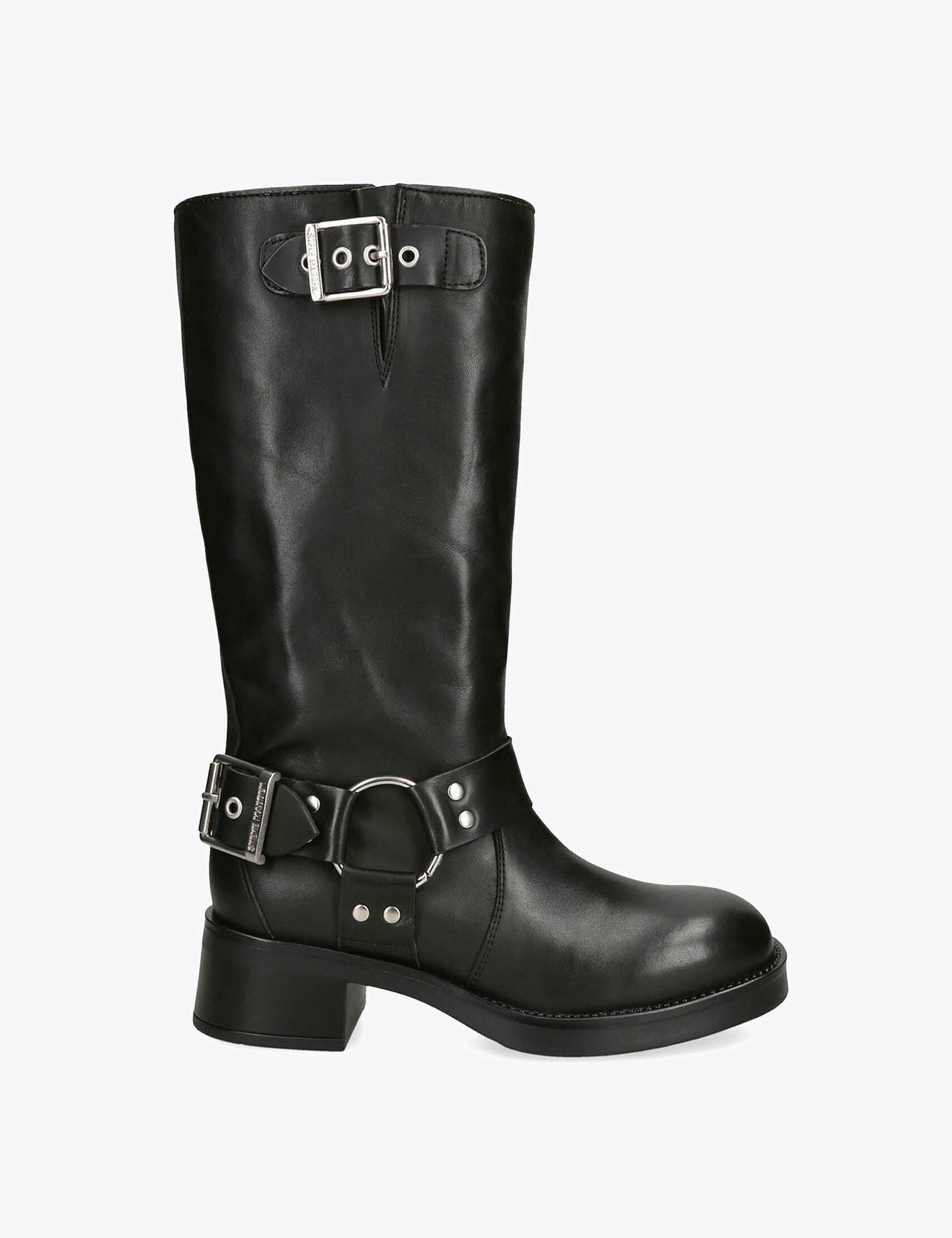 Leather Biker Block Heel Mid Calf Boots 1 of 4