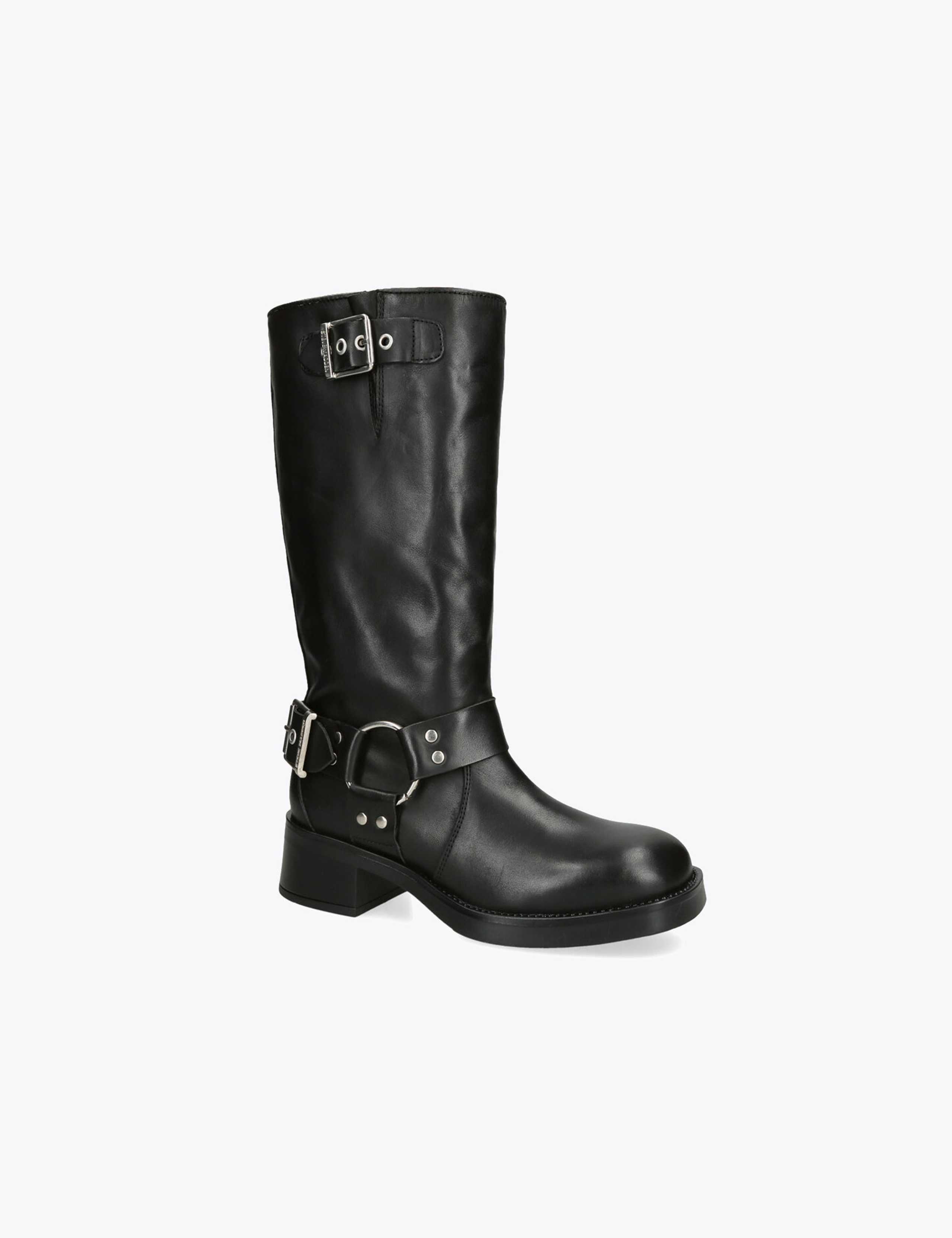Leather Biker Block Heel Mid Calf Boots 2 of 4