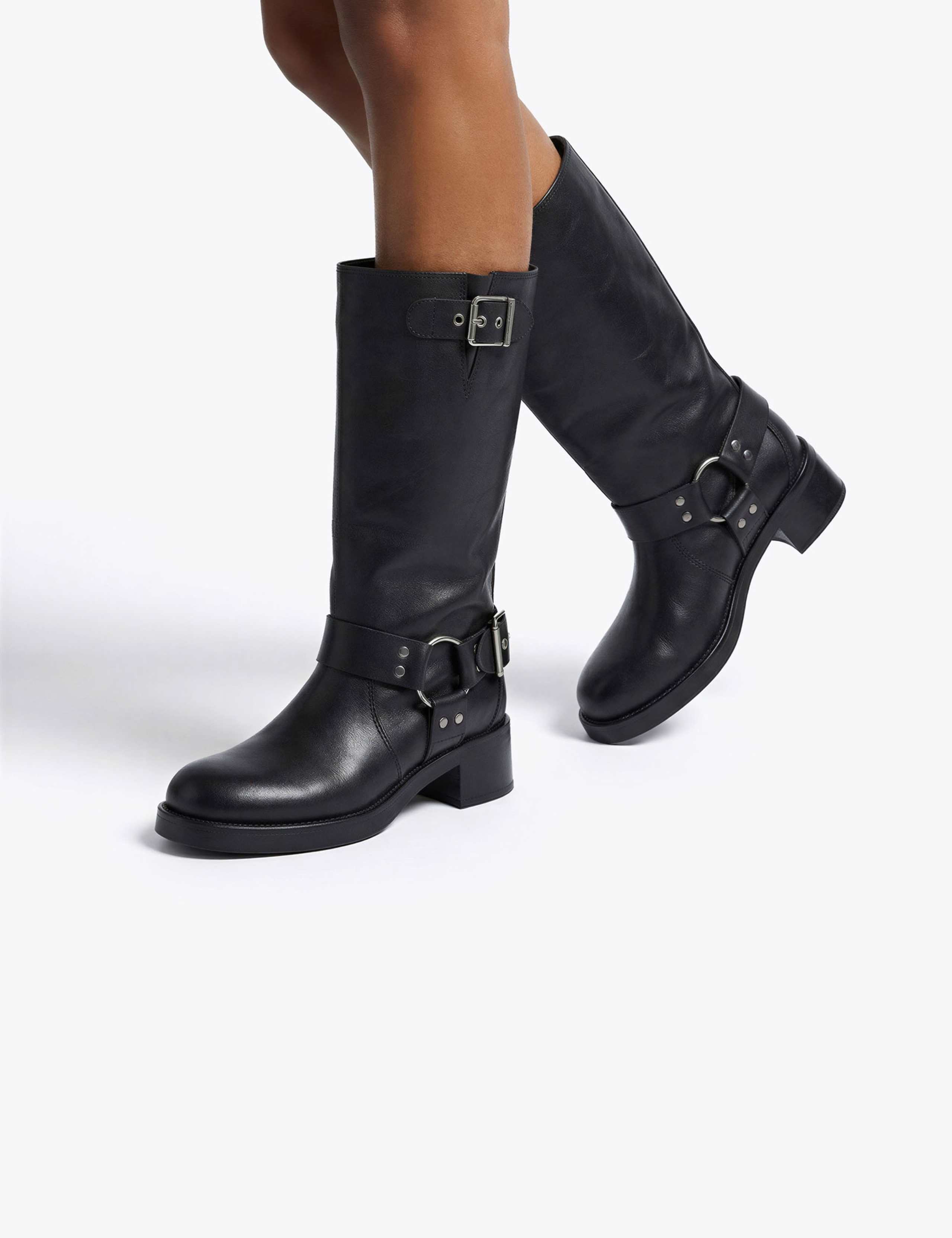 Leather Biker Block Heel Mid Calf Boots 3 of 4