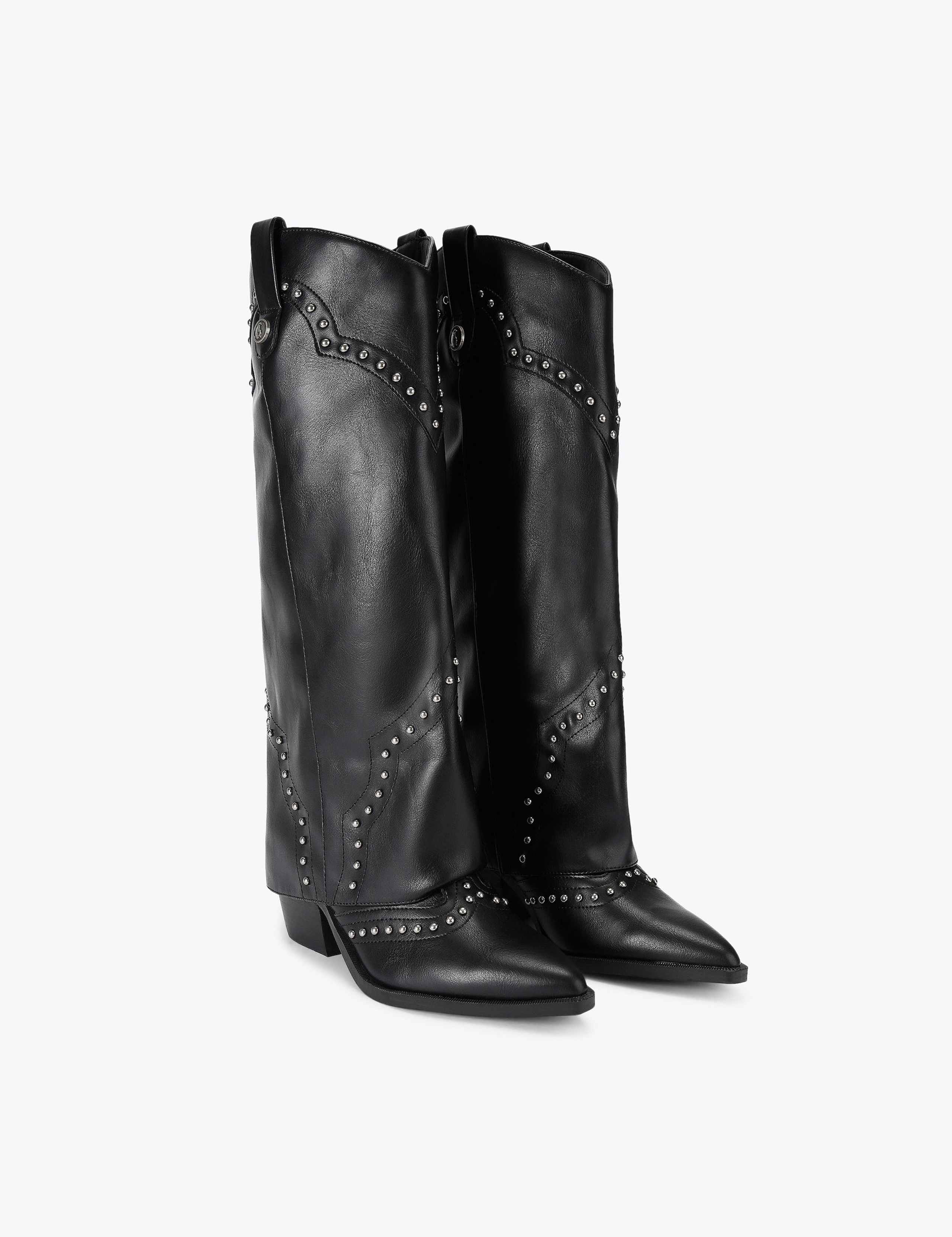 Leather Studded Block Heel Knee High Boots 2 of 4