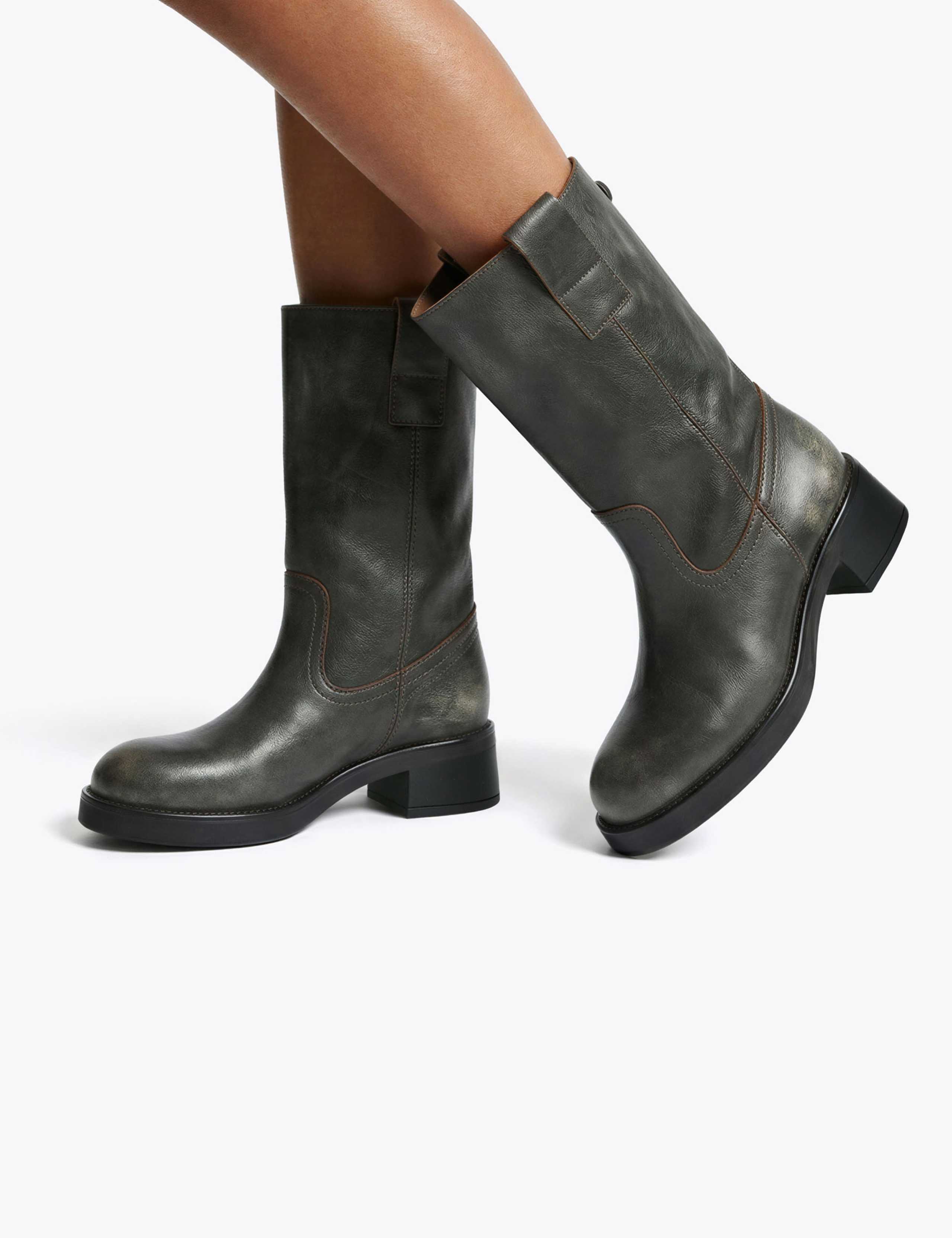 Leather Block Heel Mid Calf Boots 3 of 5