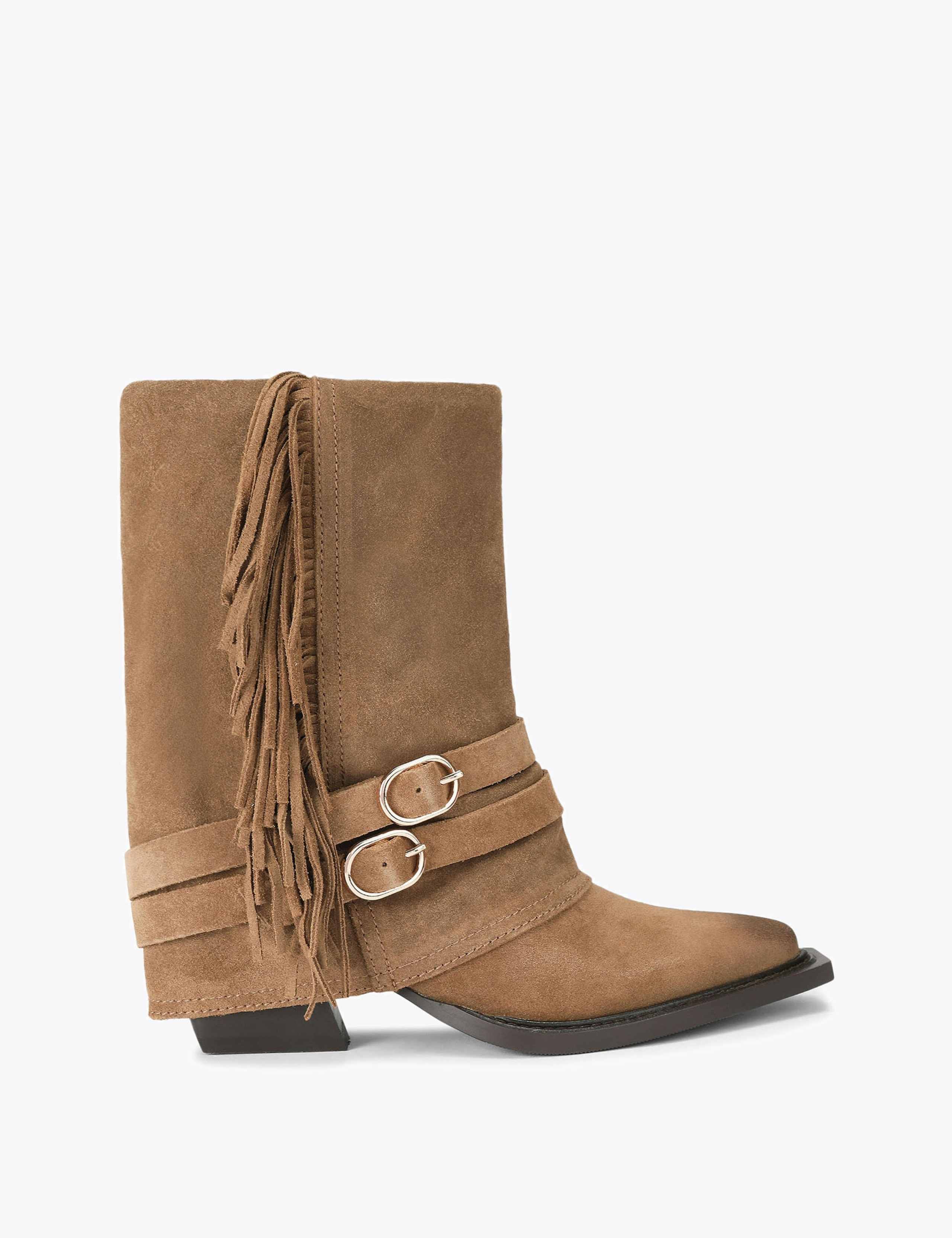Suede Cowboy Fringed Block Heel Boots 1 of 4