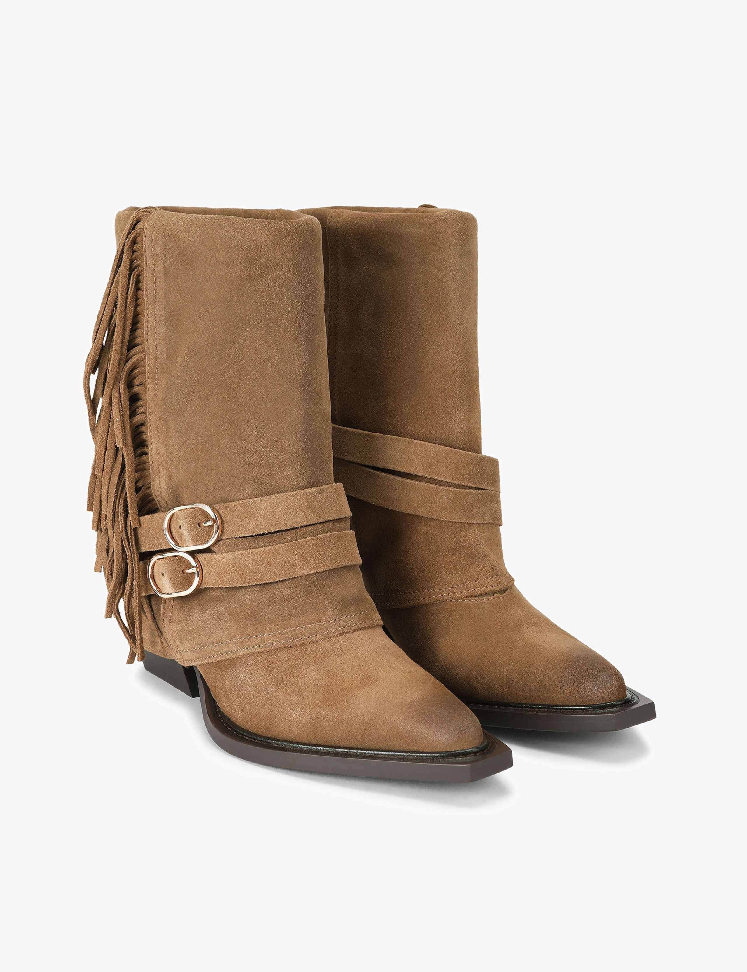 Suede Cowboy Fringed Block Heel Boots 2 of 4