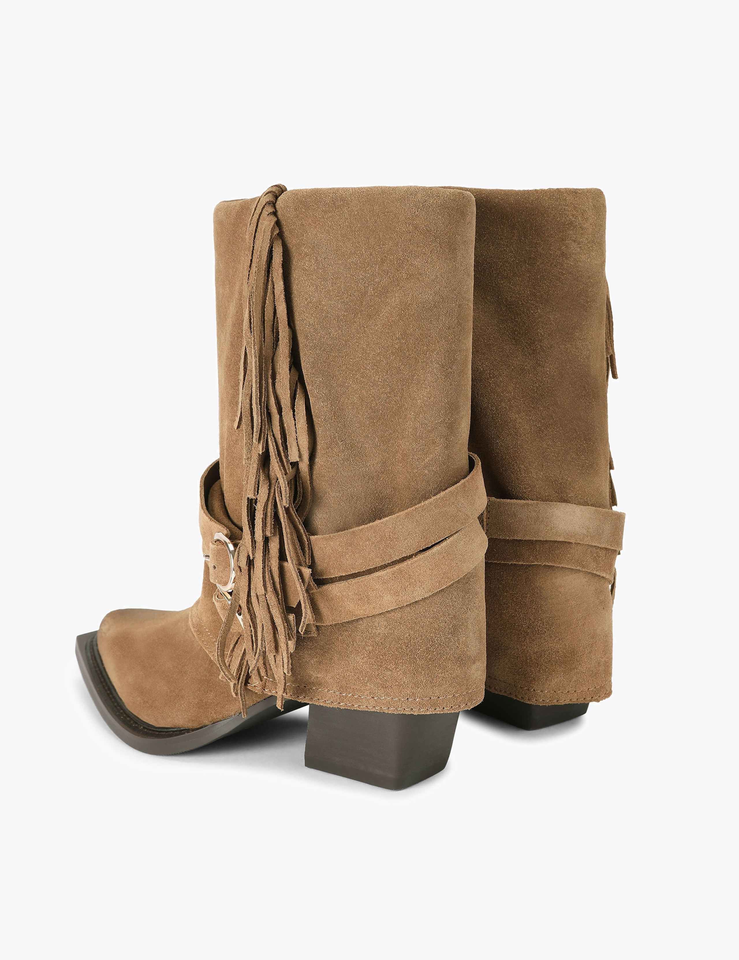 Suede Cowboy Fringed Block Heel Boots 3 of 4