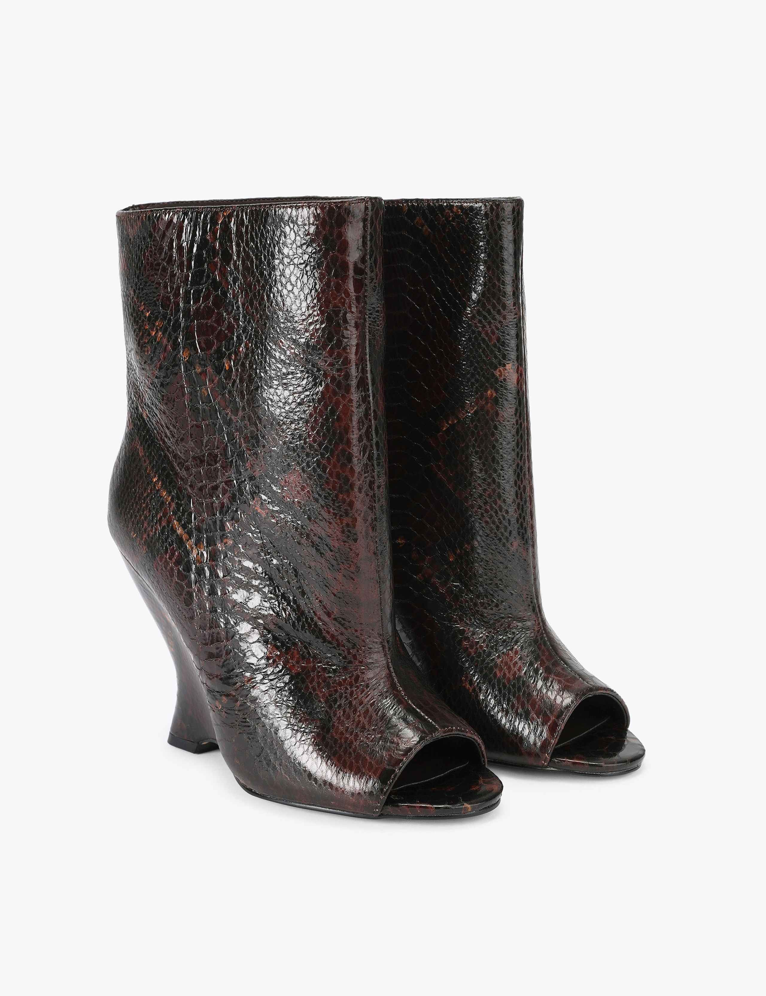 Leather Snakeskin Print Wedge Peep Toe Boots 2 of 4