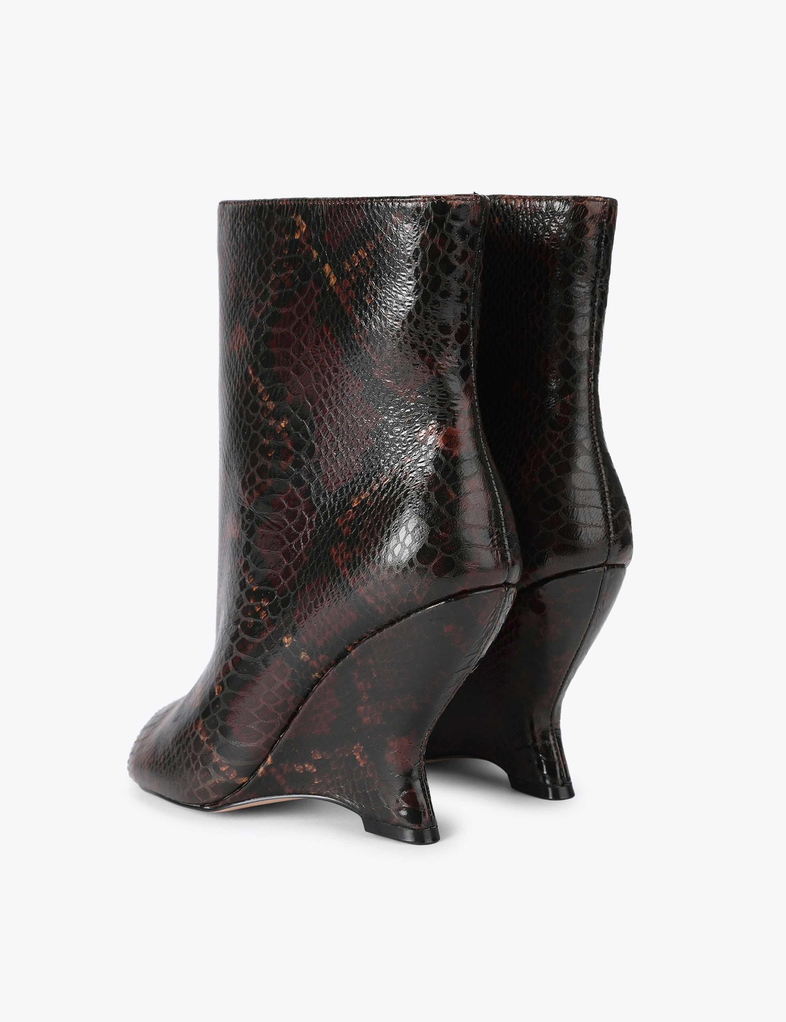 Leather Snakeskin Print Wedge Peep Toe Boots 3 of 4