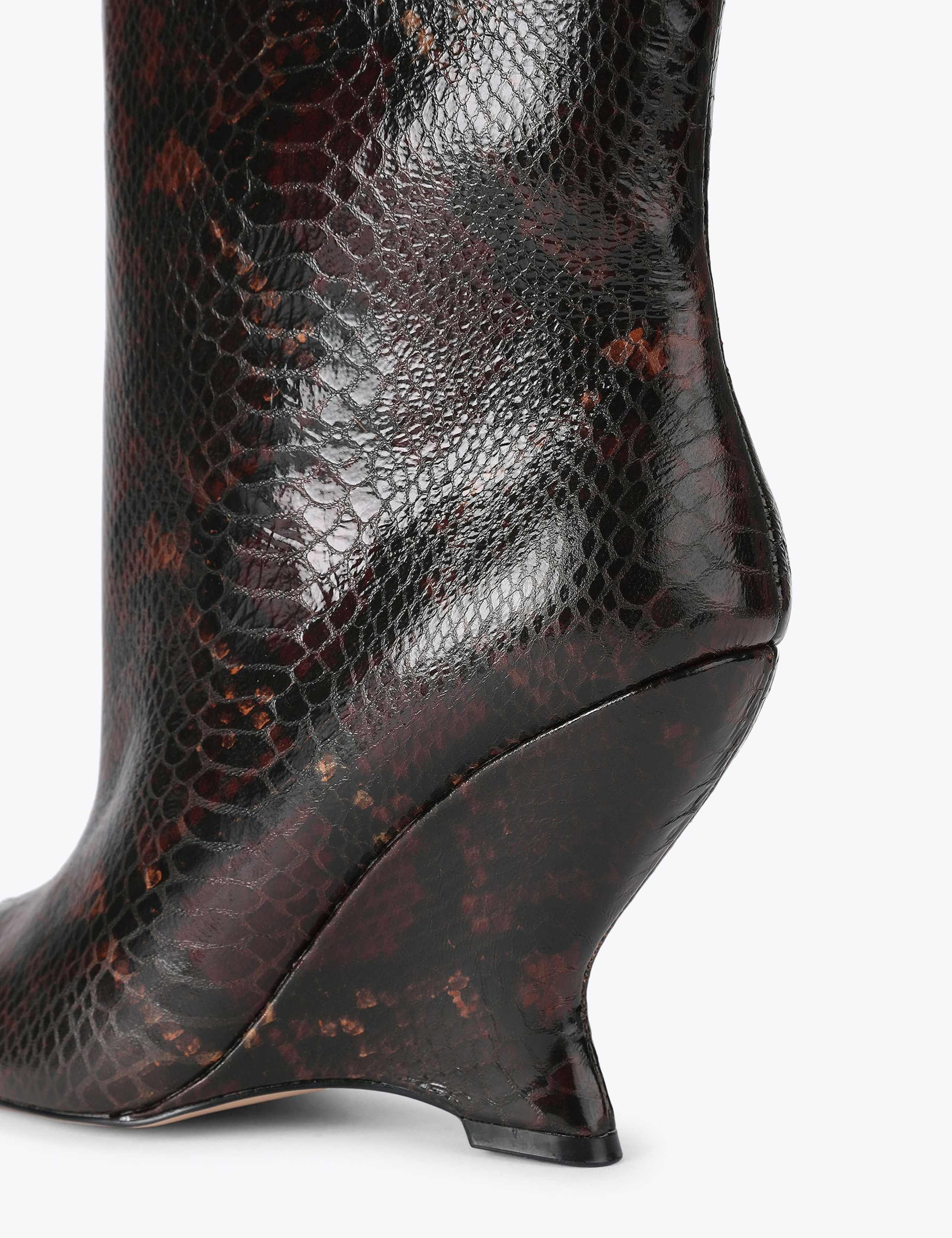 Leather Snakeskin Print Wedge Peep Toe Boots 4 of 4
