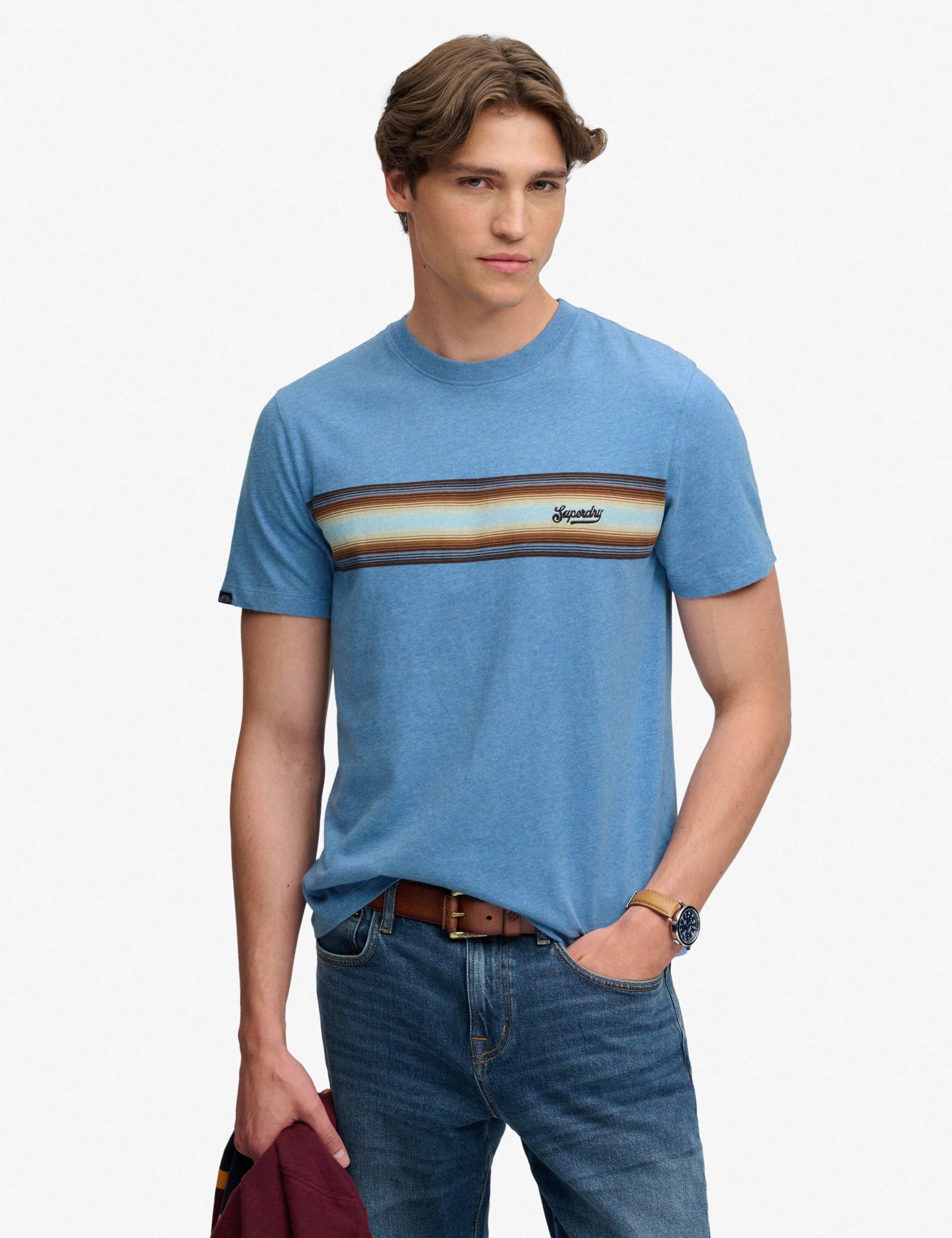 Pure Cotton Chest Stripe Crew Neck T-Shirt 1 of 7