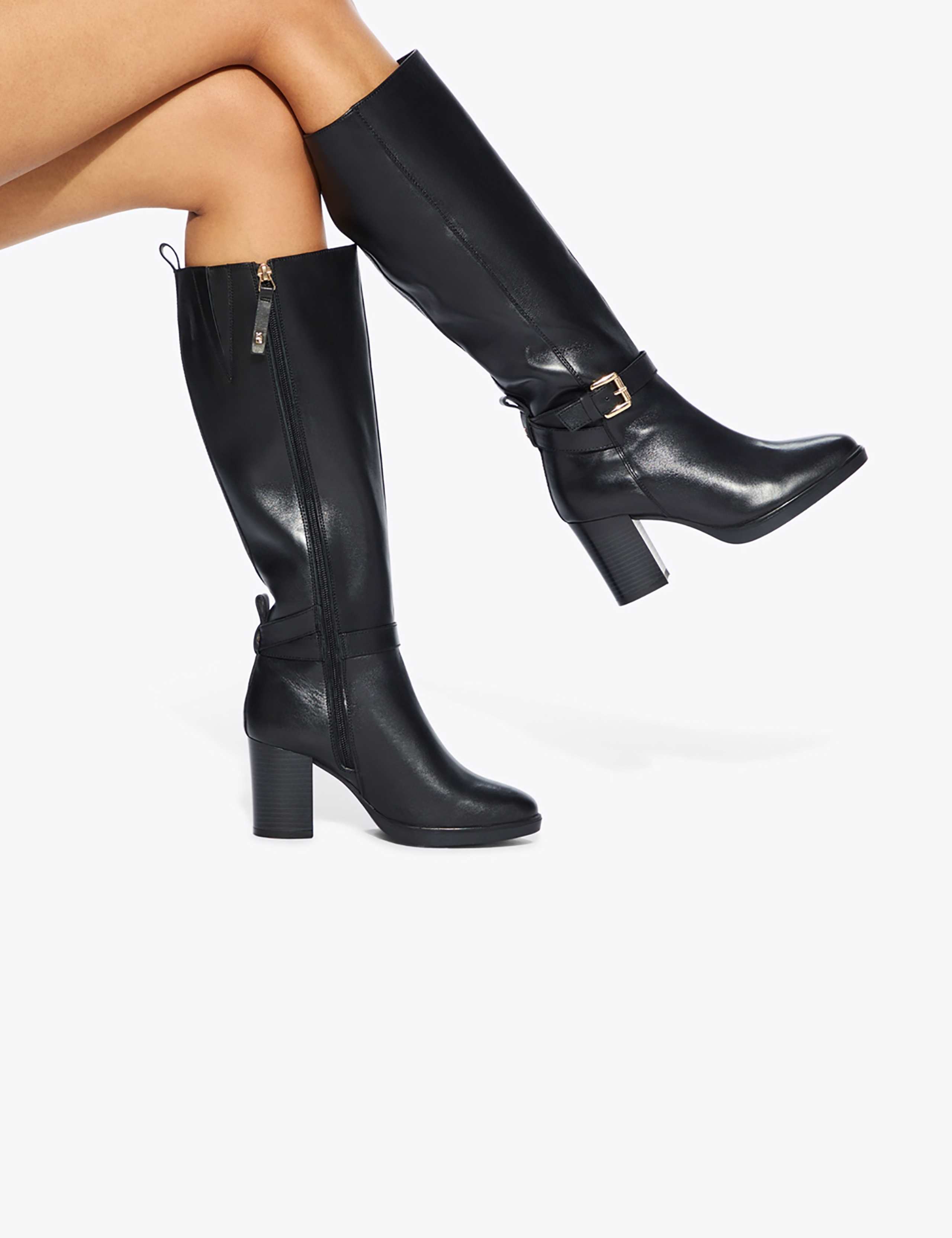 Leather Buckle Block Heel Knee High Boots 1 of 5