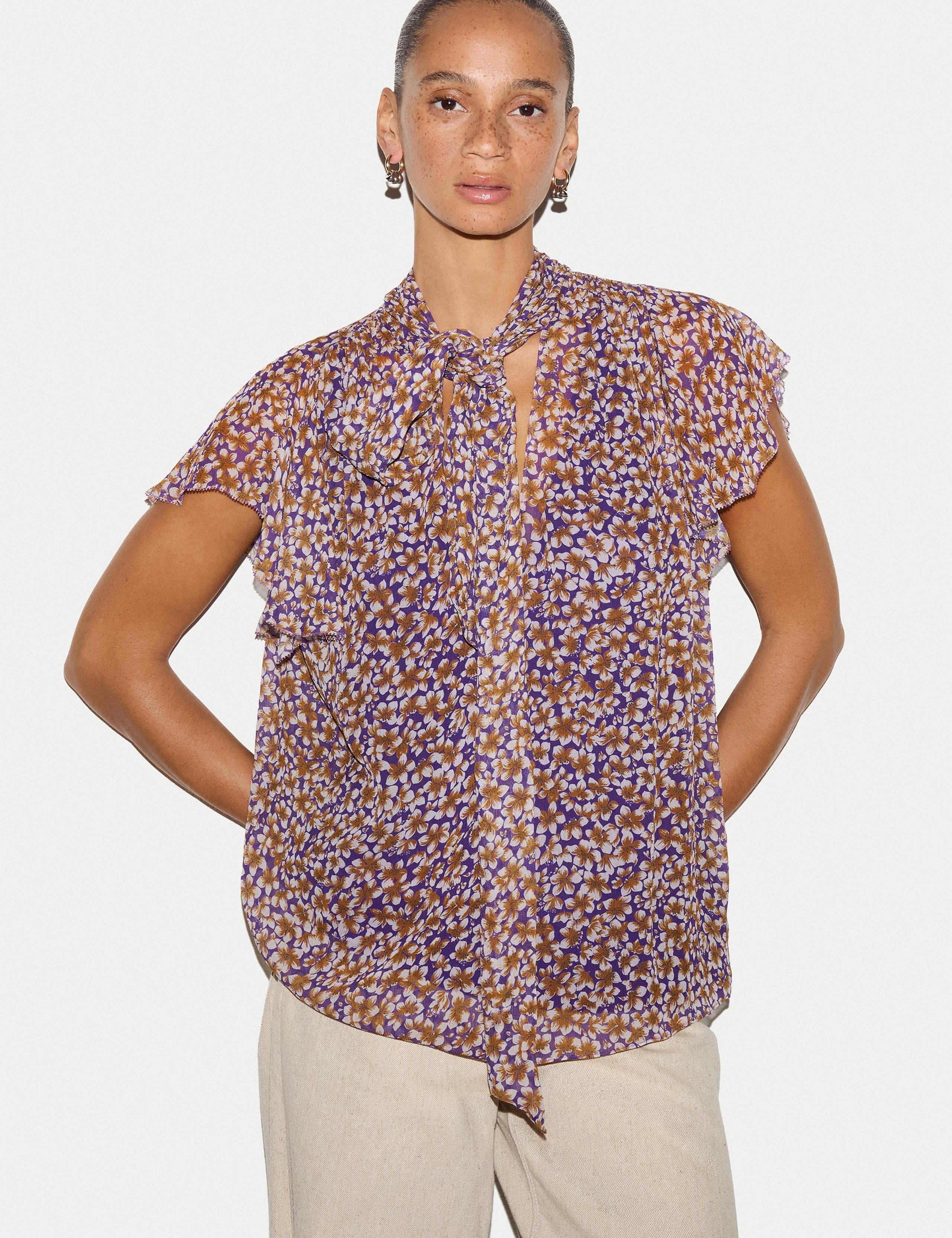 Ditsy Floral Tie Neck Top 1 of 6