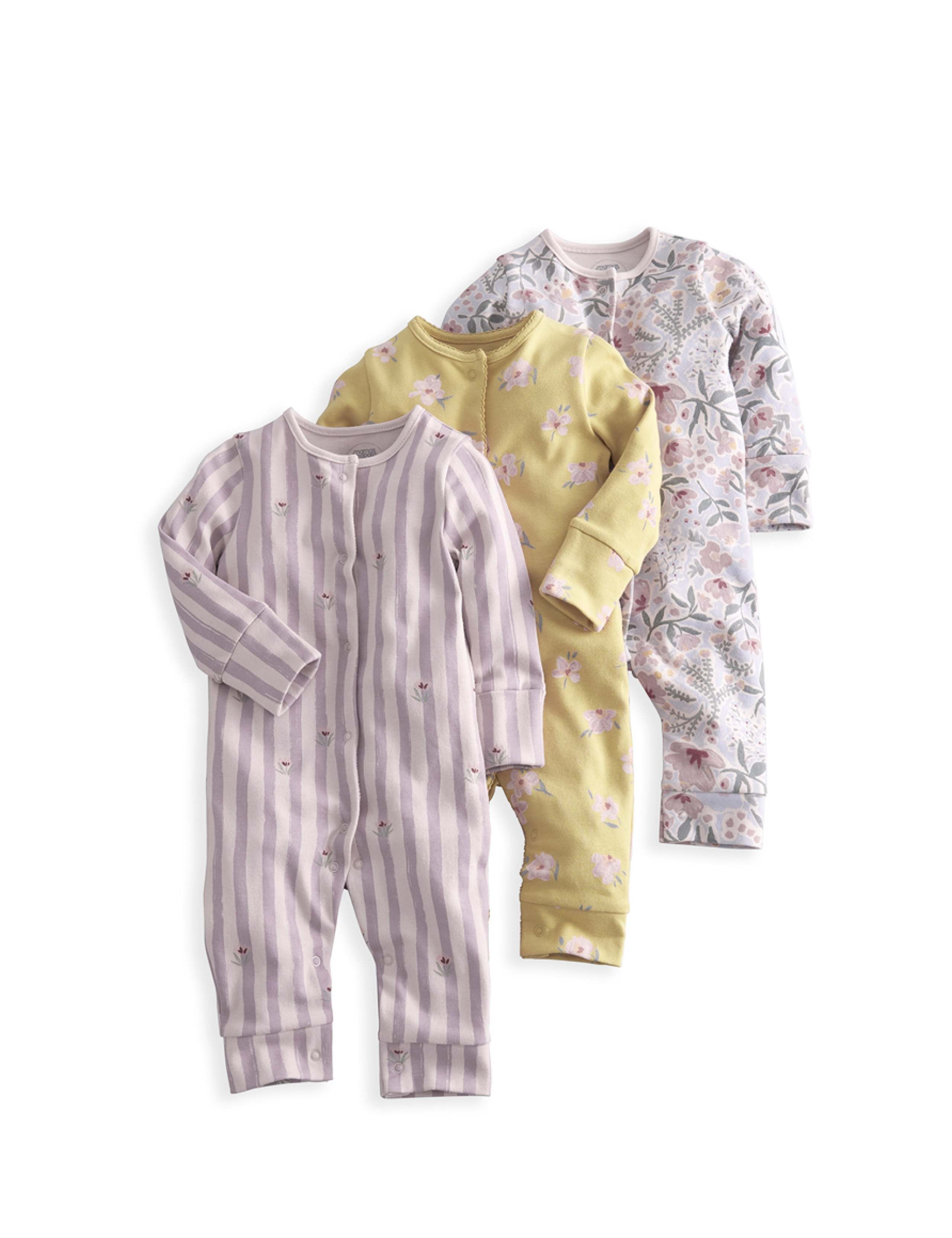 3 Pack Pure Cotton Floral Sleepsuits (0-24 Mths) 2 of 5