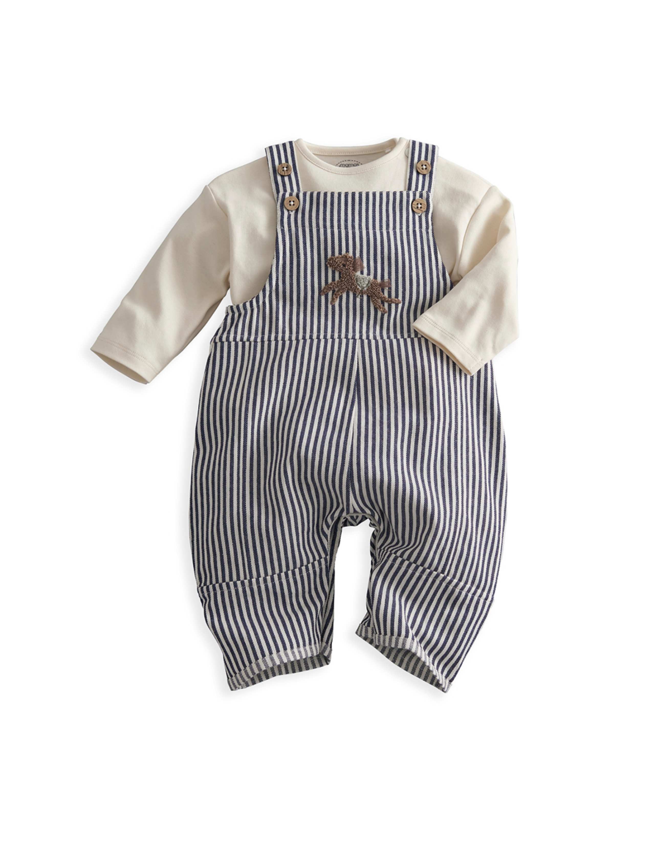 2 Piece Pure Cotton Striped Dungarees Outfit (0-12 Mths) 2 of 9