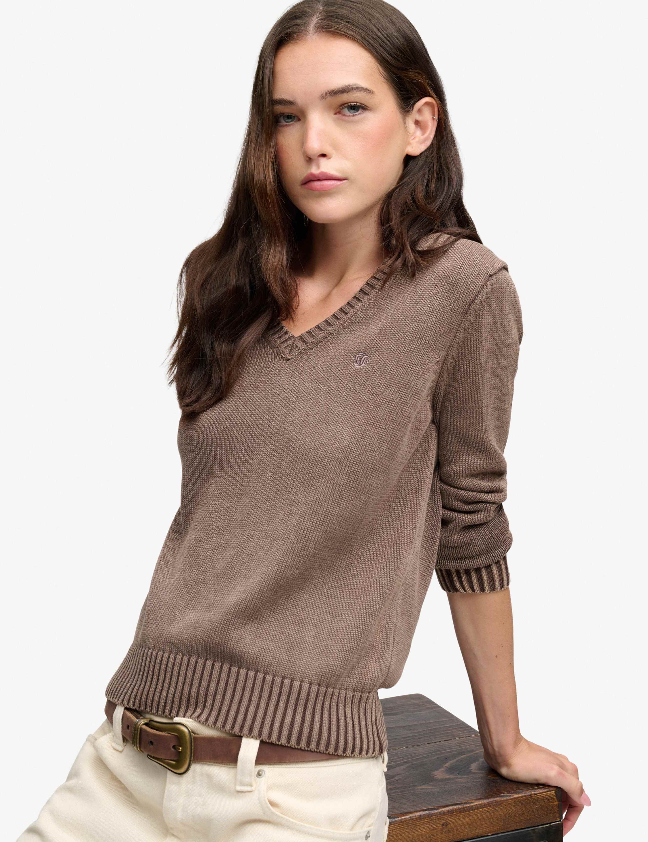 Washed Pure Cotton Jersey V-Neck Slim Jumper 2 of 5