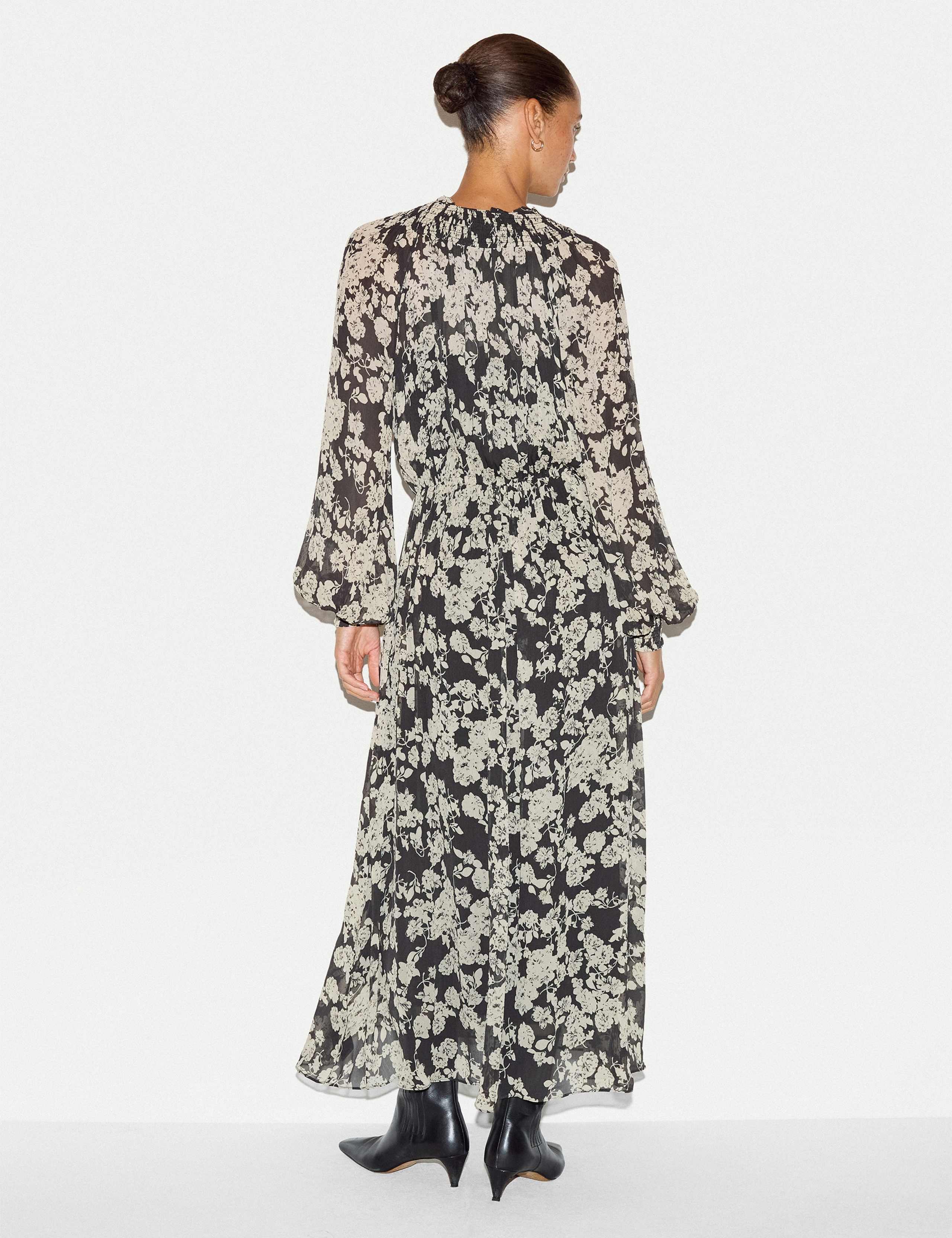 Floral Tie Neck Shirred Midaxi Waisted Dress 3 of 7