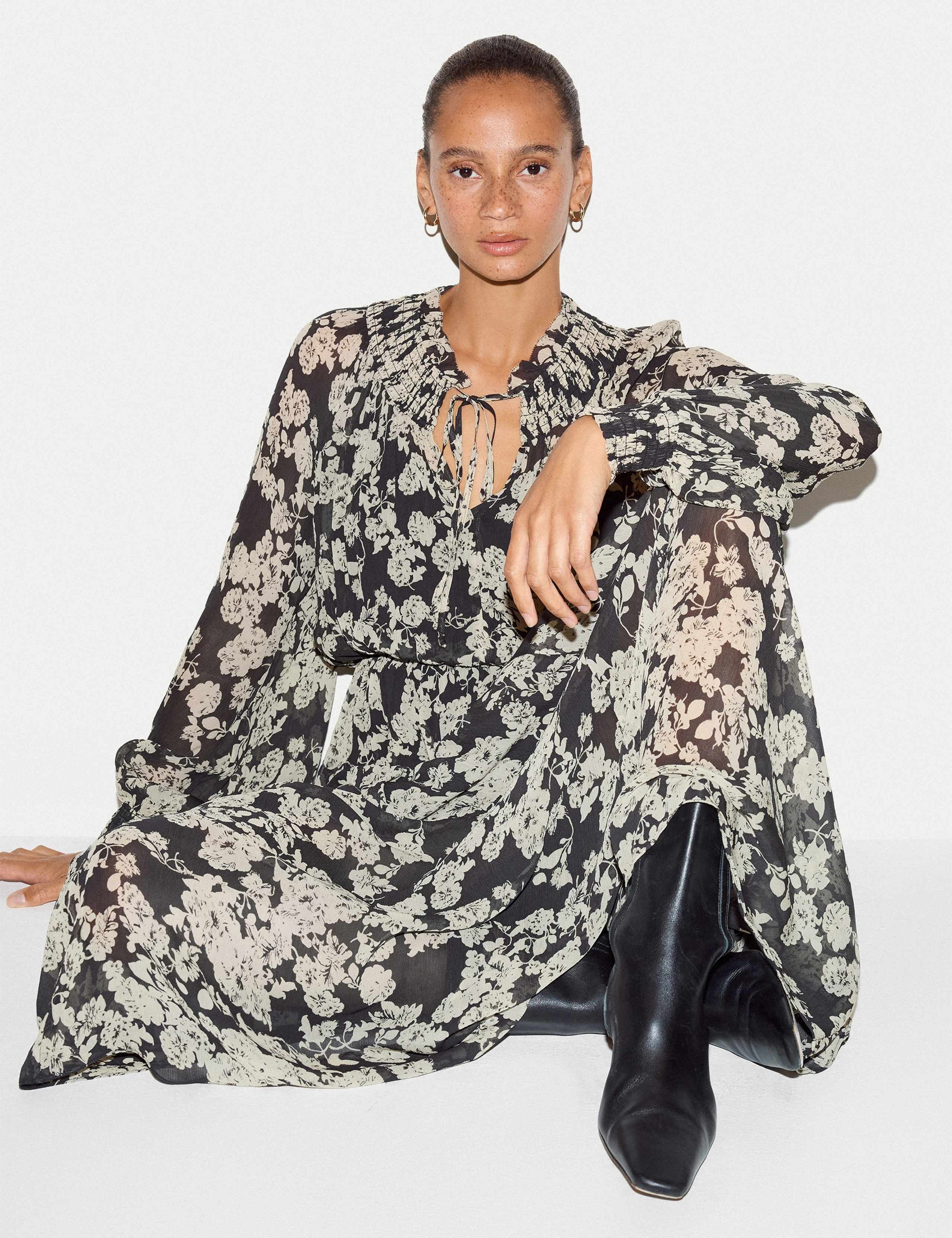 Floral Tie Neck Shirred Midaxi Waisted Dress 5 of 7