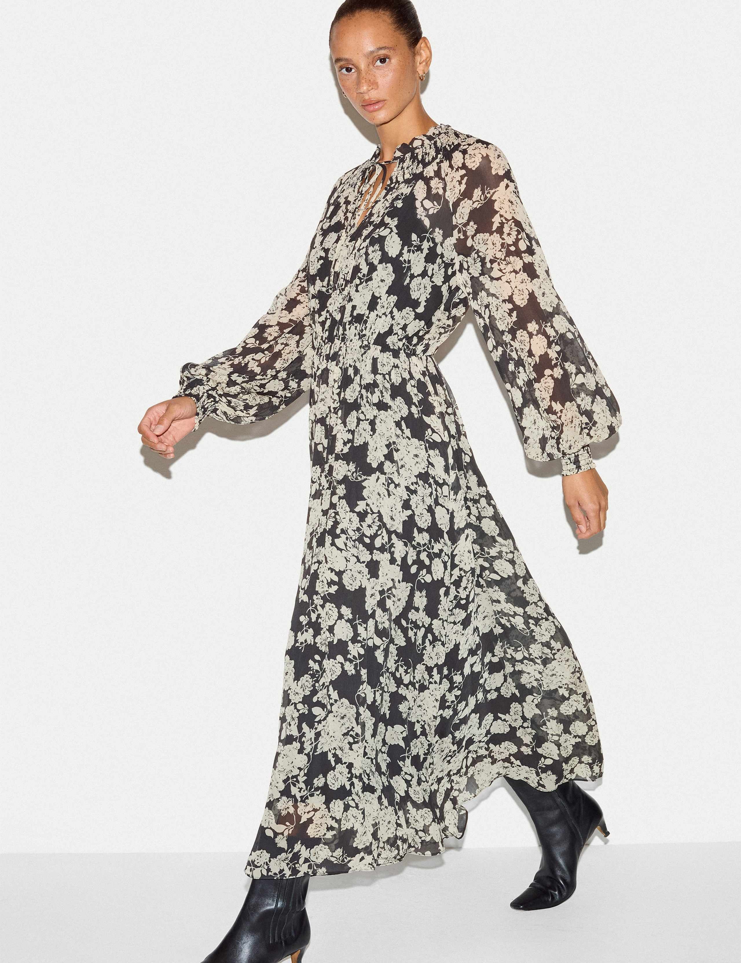 Floral Tie Neck Shirred Midaxi Waisted Dress 6 of 7