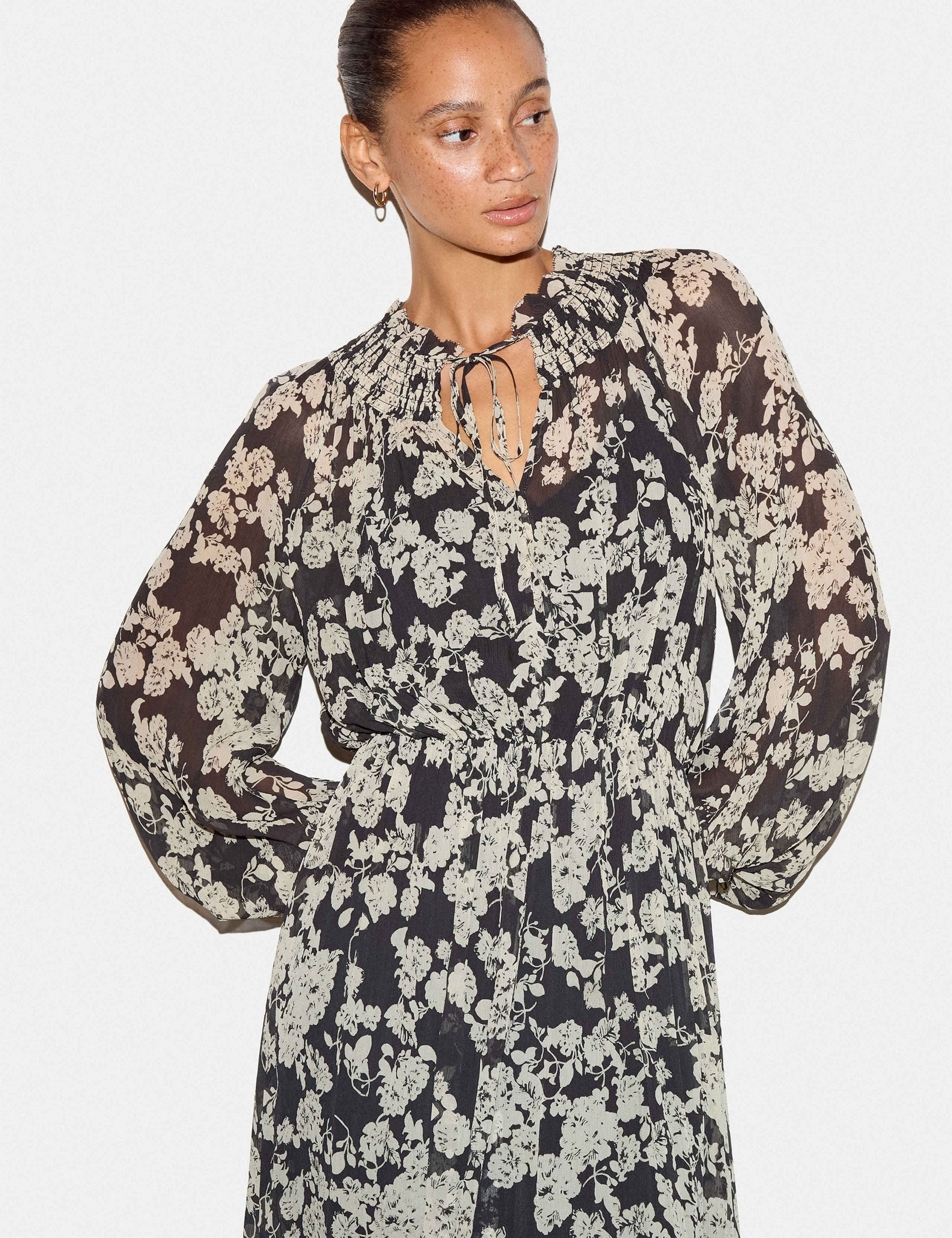 Floral Tie Neck Shirred Midaxi Waisted Dress 7 of 7