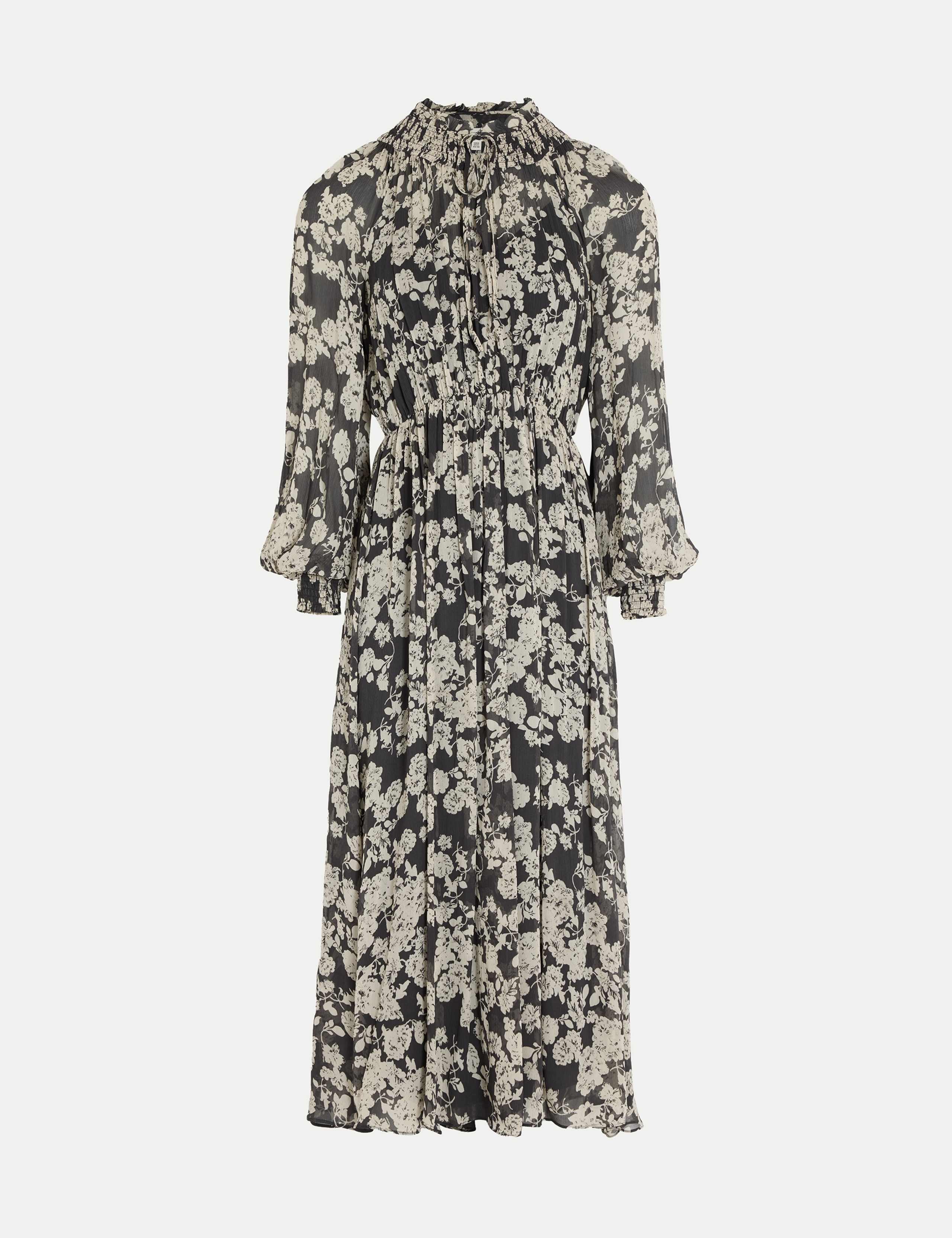 Floral Tie Neck Shirred Midaxi Waisted Dress 2 of 7