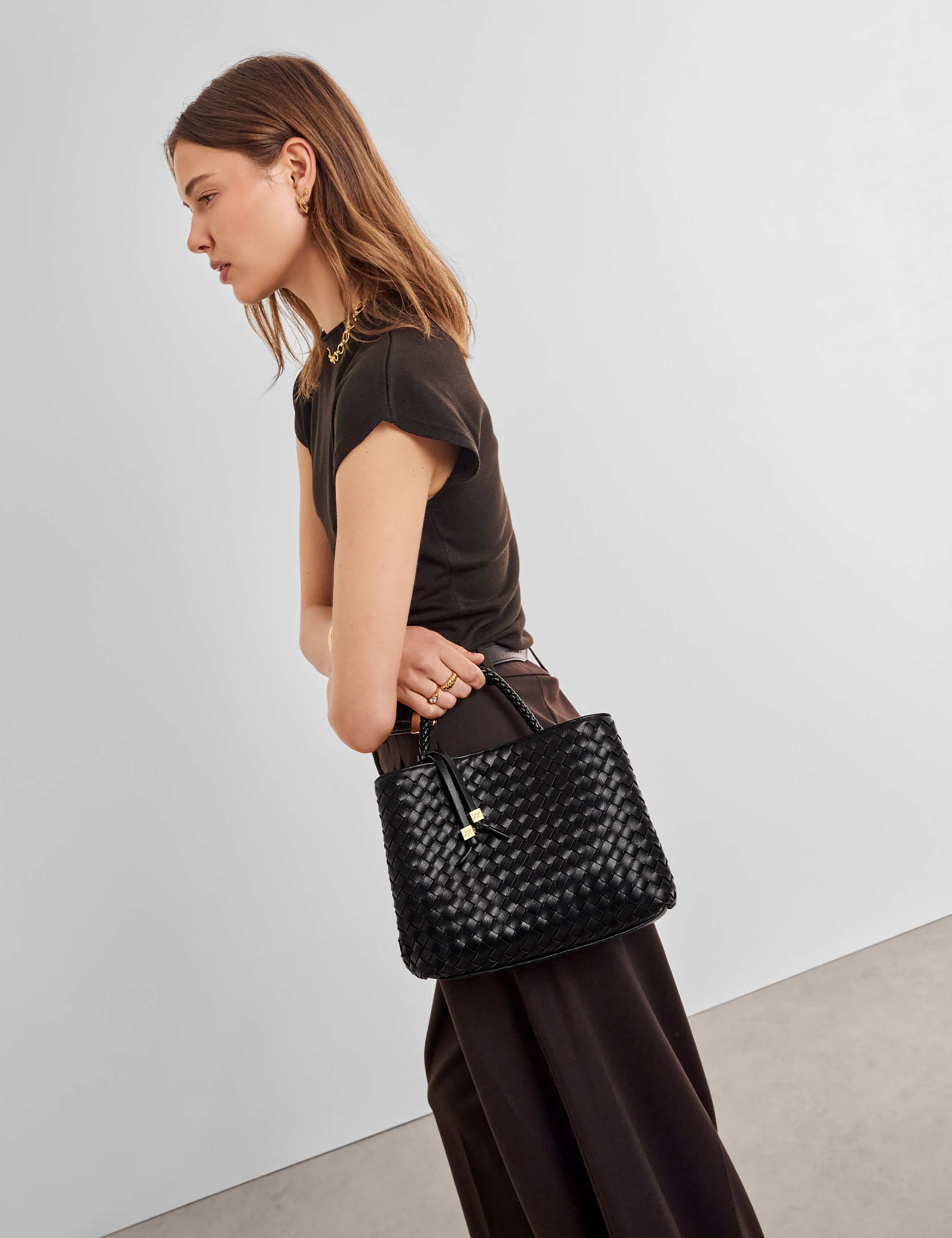 Faux Leather Woven Top Handle Grab Bag 3 of 6