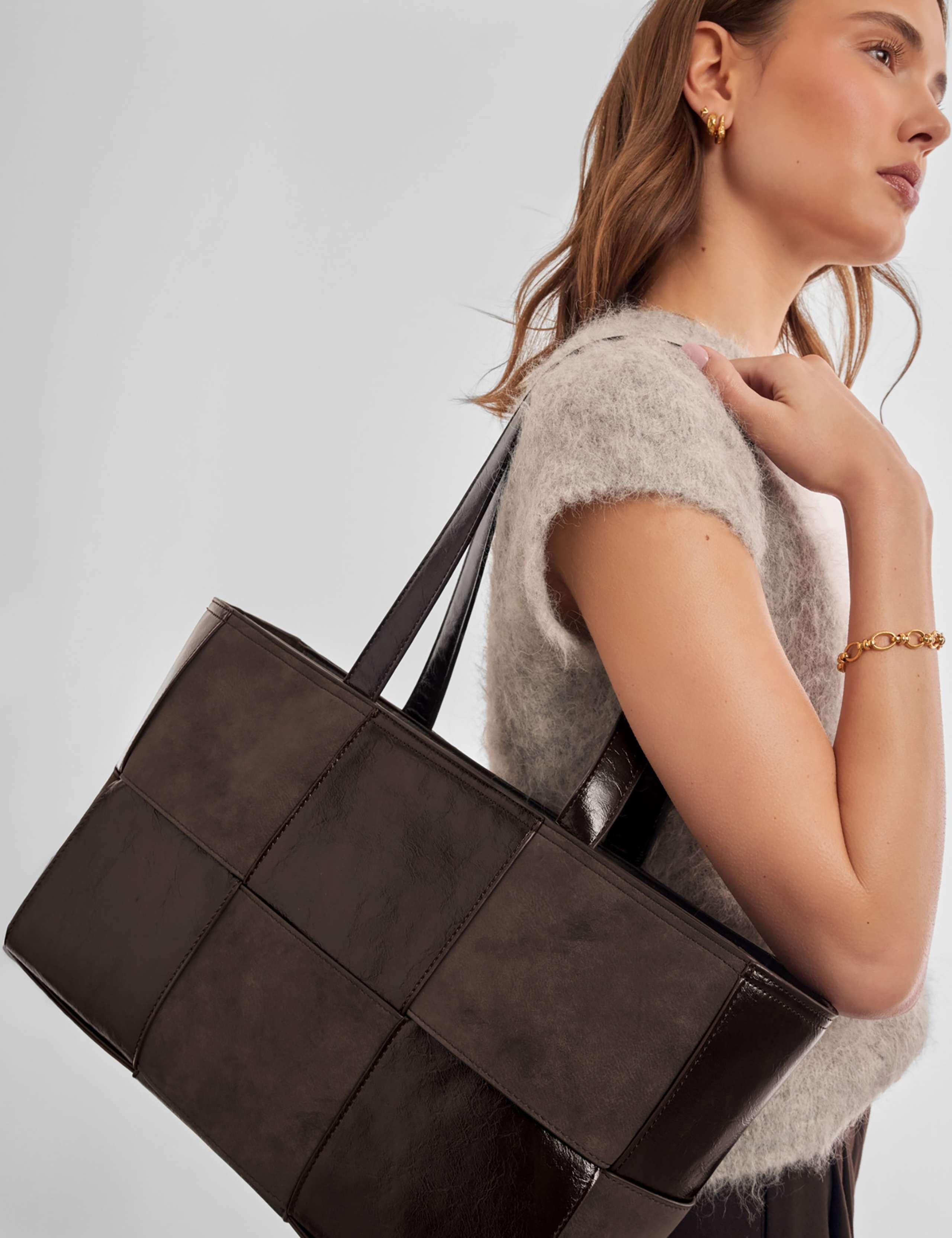 Faux Suede Faux Leather Woven Tote Bag 2 of 5