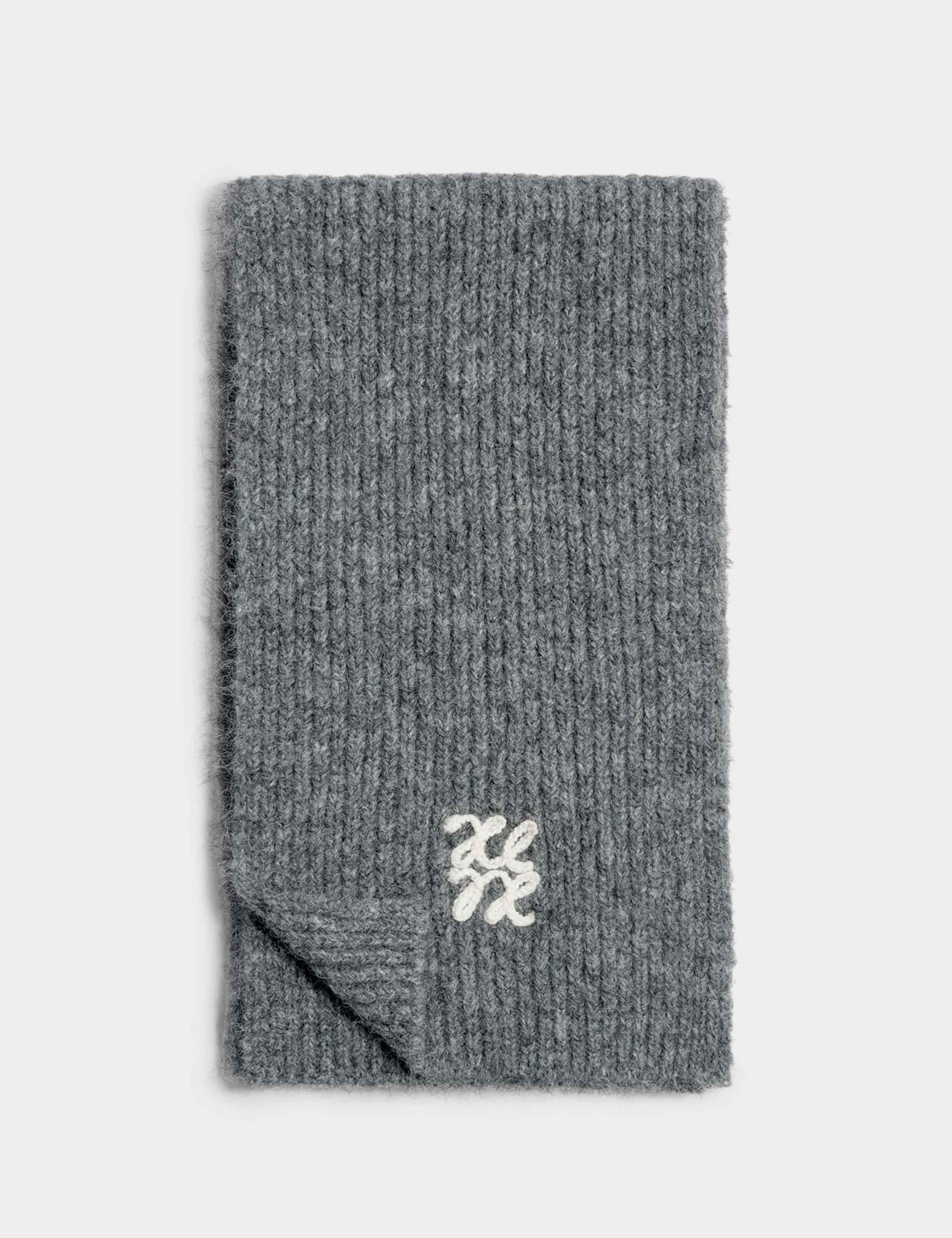 Ribbed Knit Logo Appliqué Scarf with Wool 3 of 5