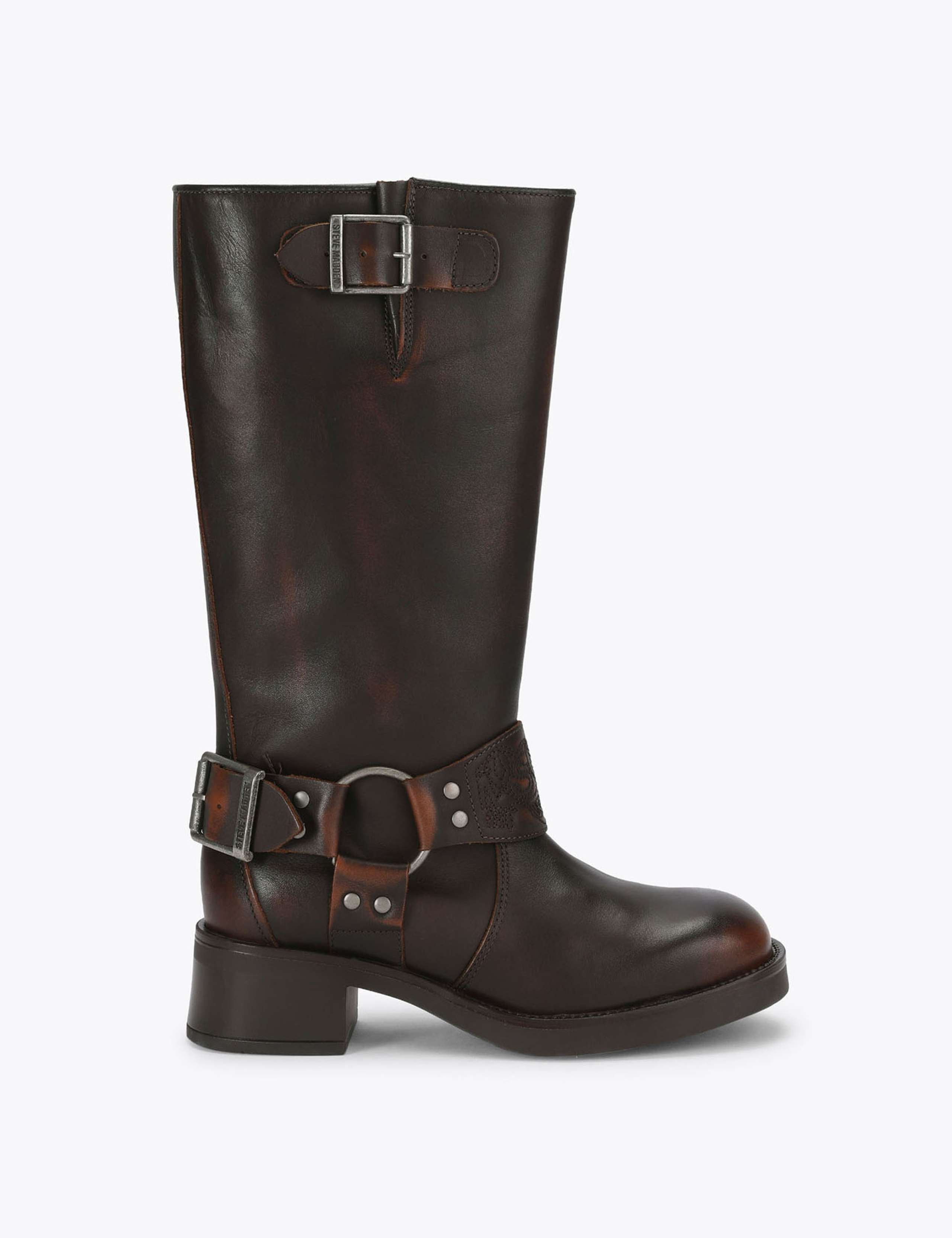 Leather Block Heel Round Toe Knee High Boots 1 of 4