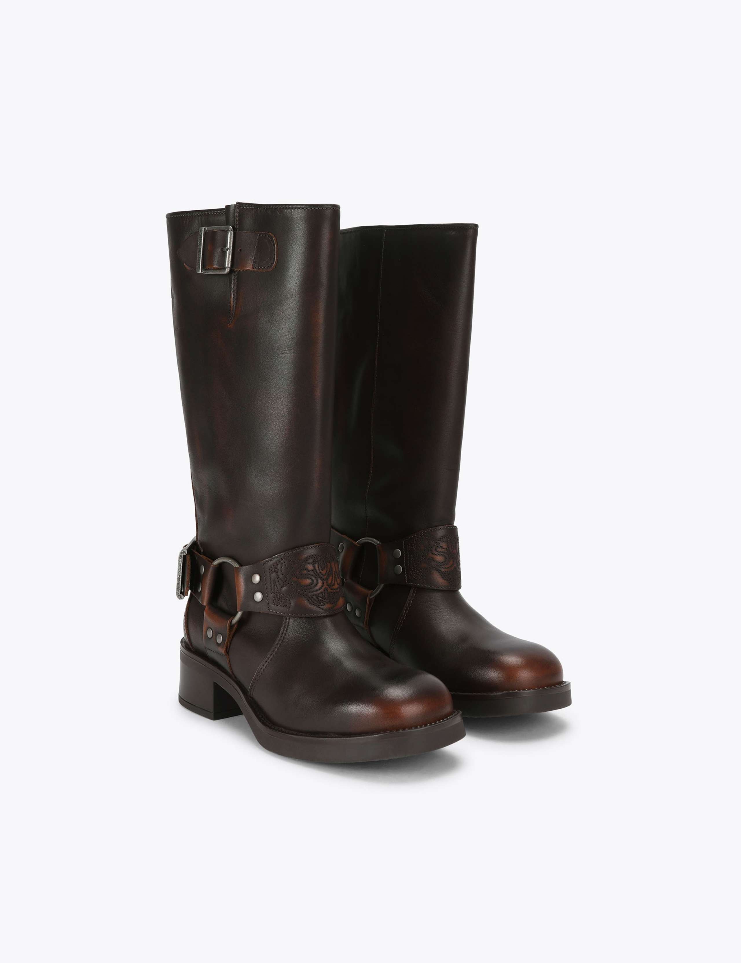 Leather Block Heel Round Toe Knee High Boots 2 of 4