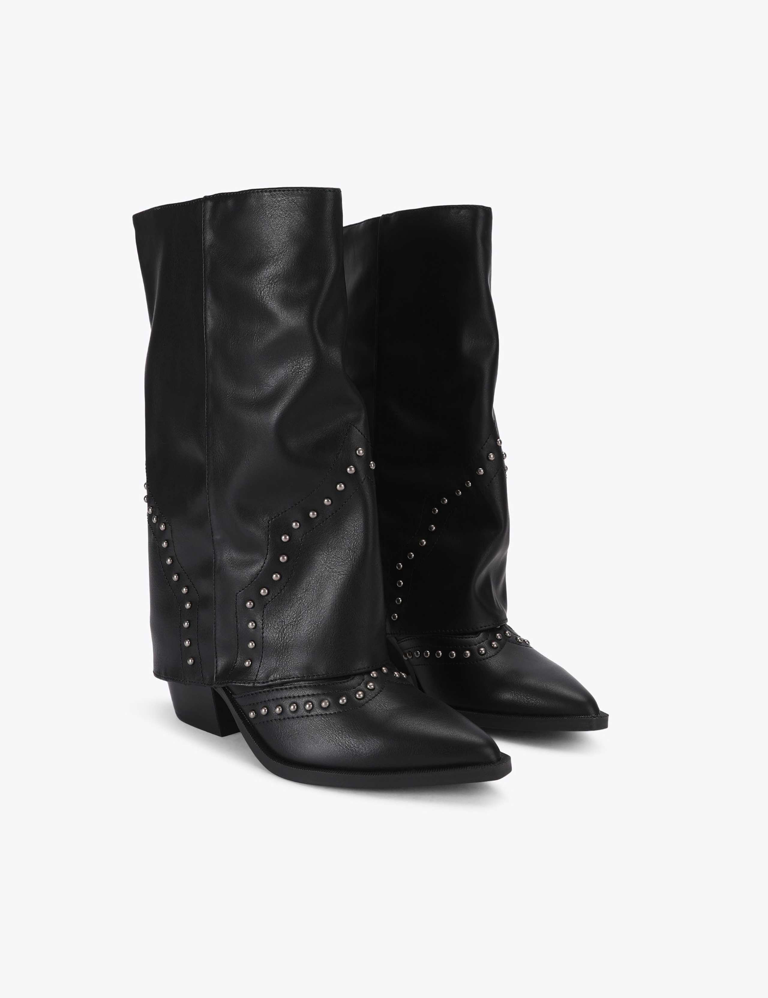 Leather Studded Block Heel Knee High Boots 2 of 4