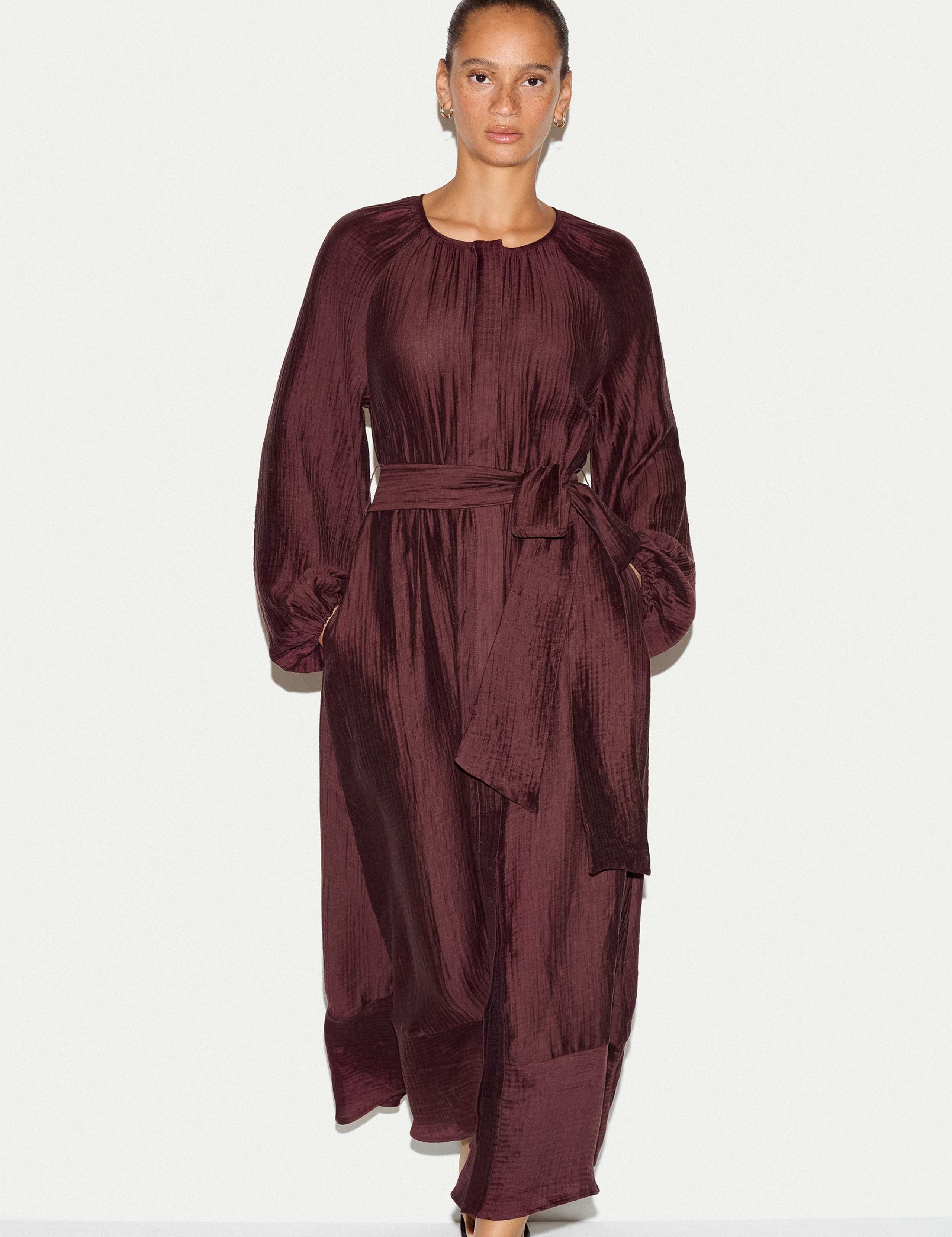 Textured Round Neck Tie Waist Midi Shift Dress 3 of 6