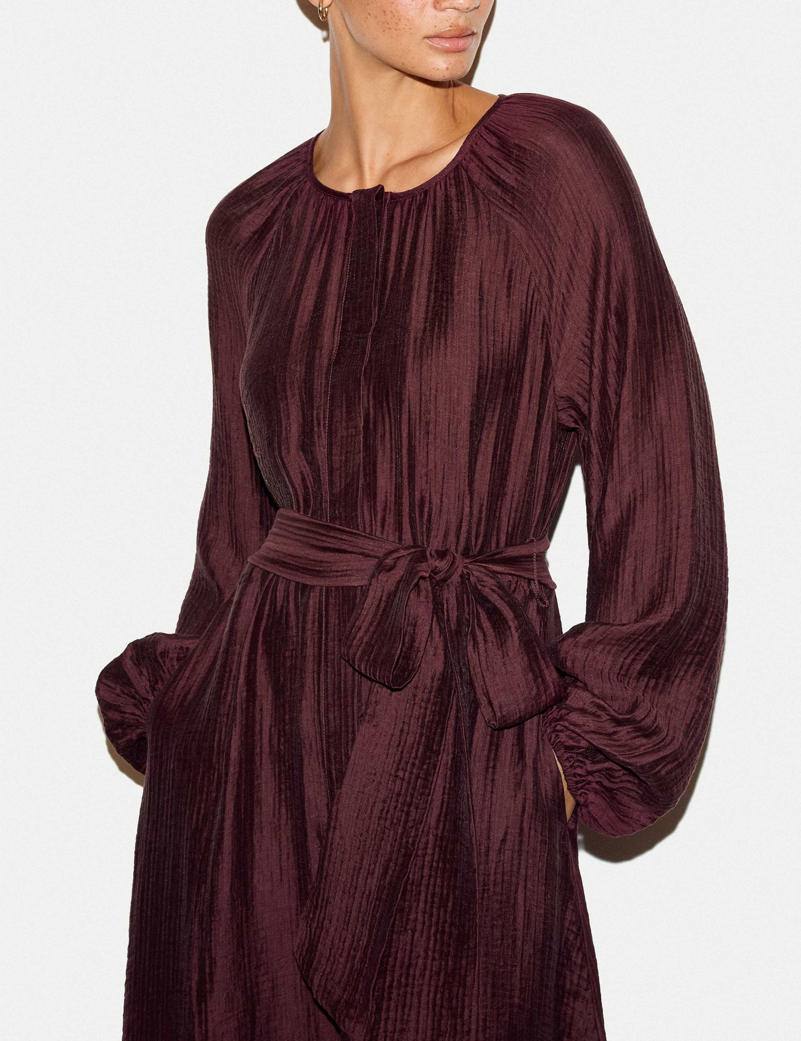 Textured Round Neck Tie Waist Midi Shift Dress 4 of 6