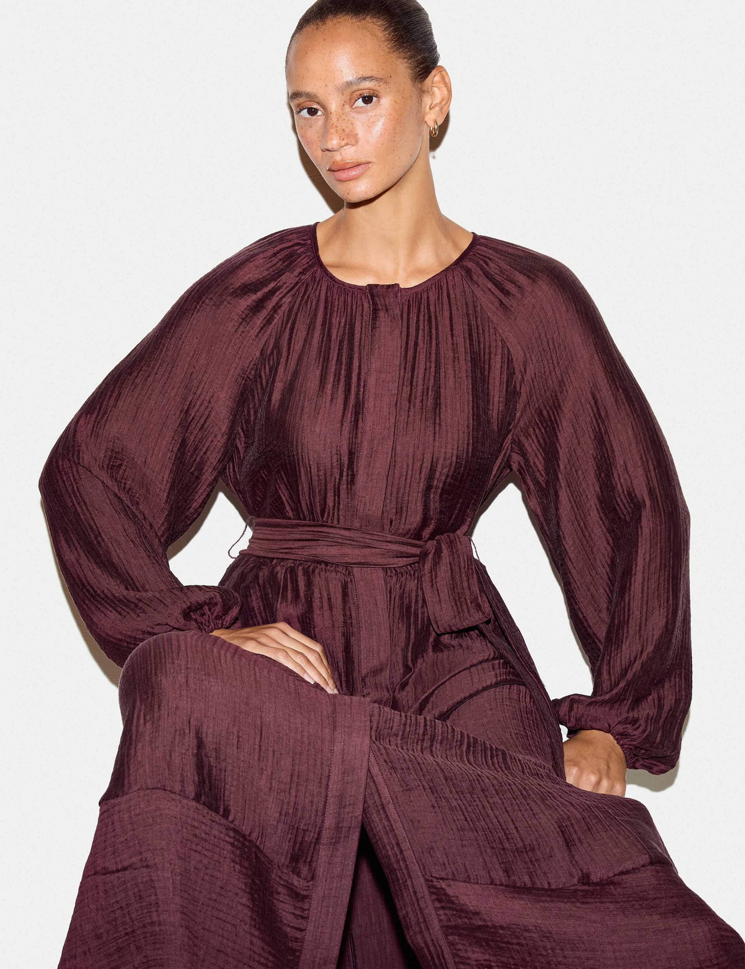 Textured Round Neck Tie Waist Midi Shift Dress 6 of 6