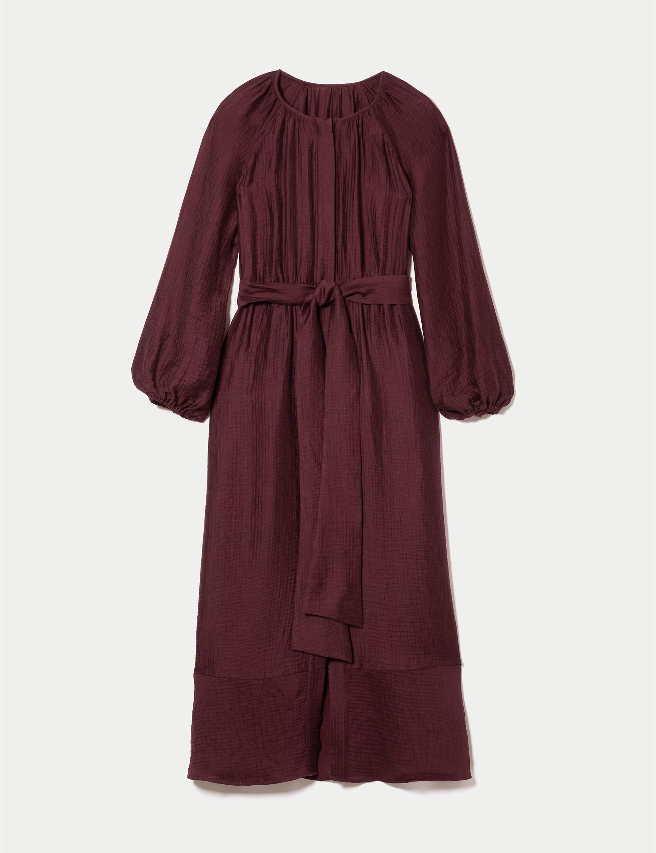 Textured Round Neck Tie Waist Midi Shift Dress 2 of 6
