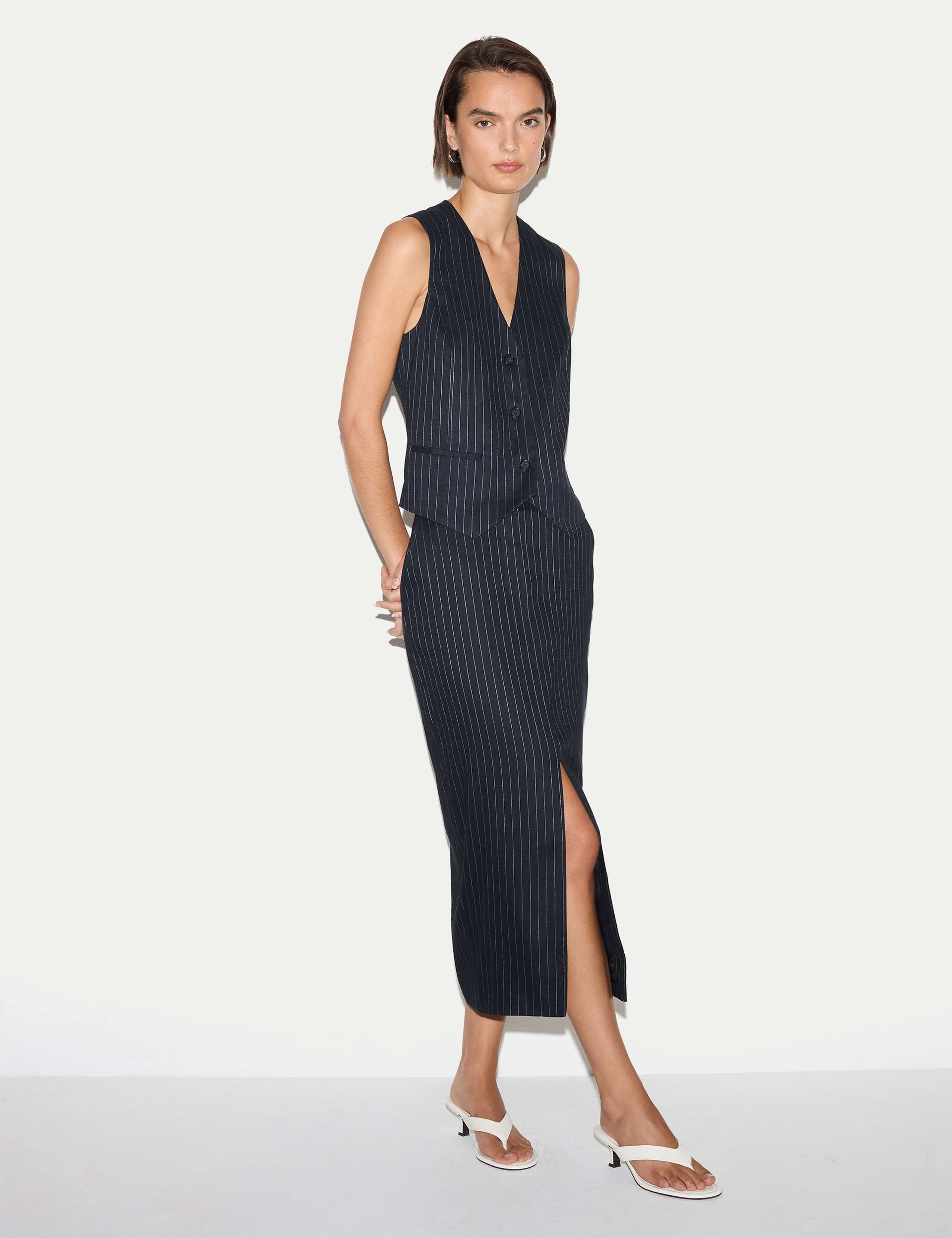 Linen Blend Striped Tailored Pencil Skirt 5 of 5