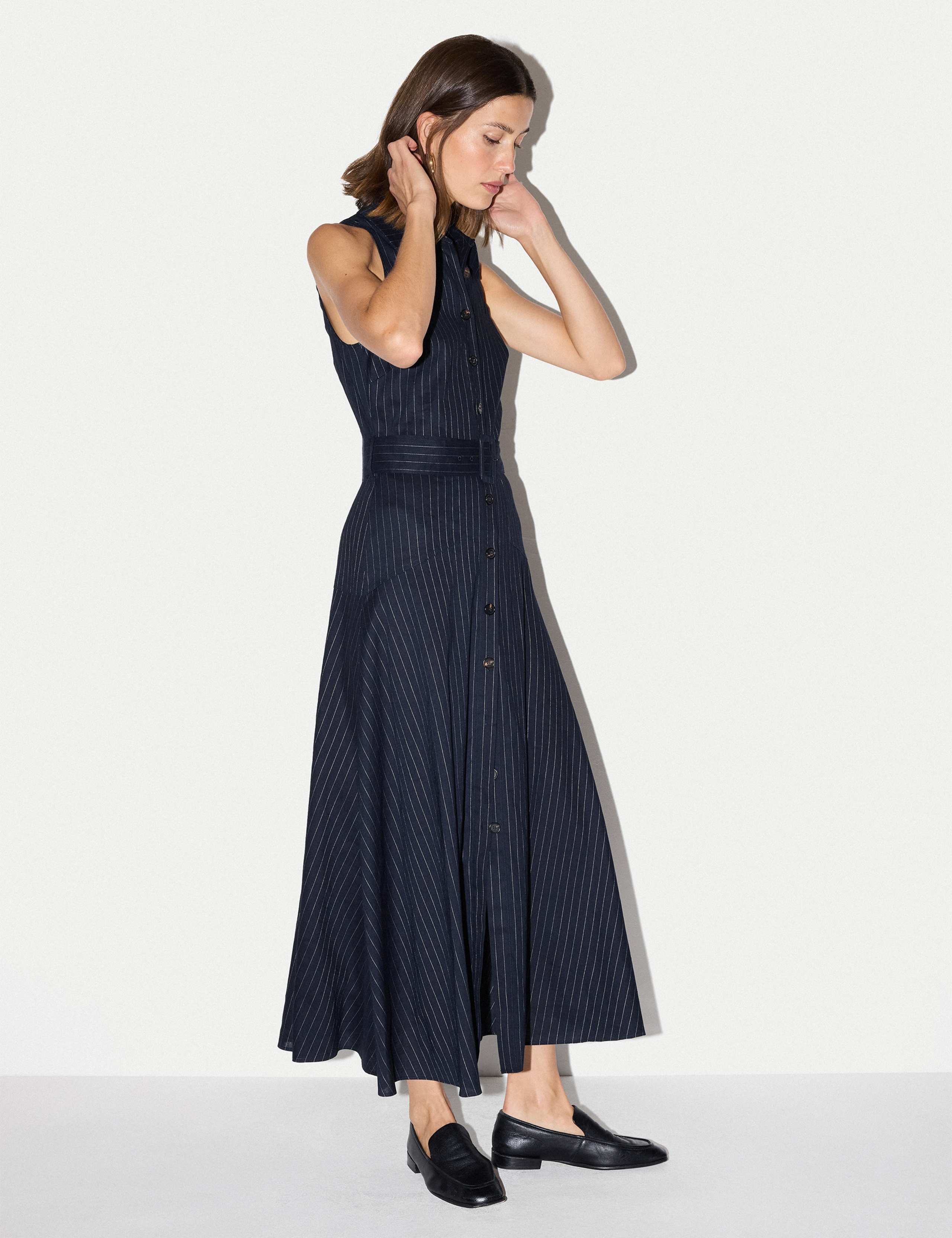 Linen Blend Striped Belted Button Through Midaxi Dress 3 of 8