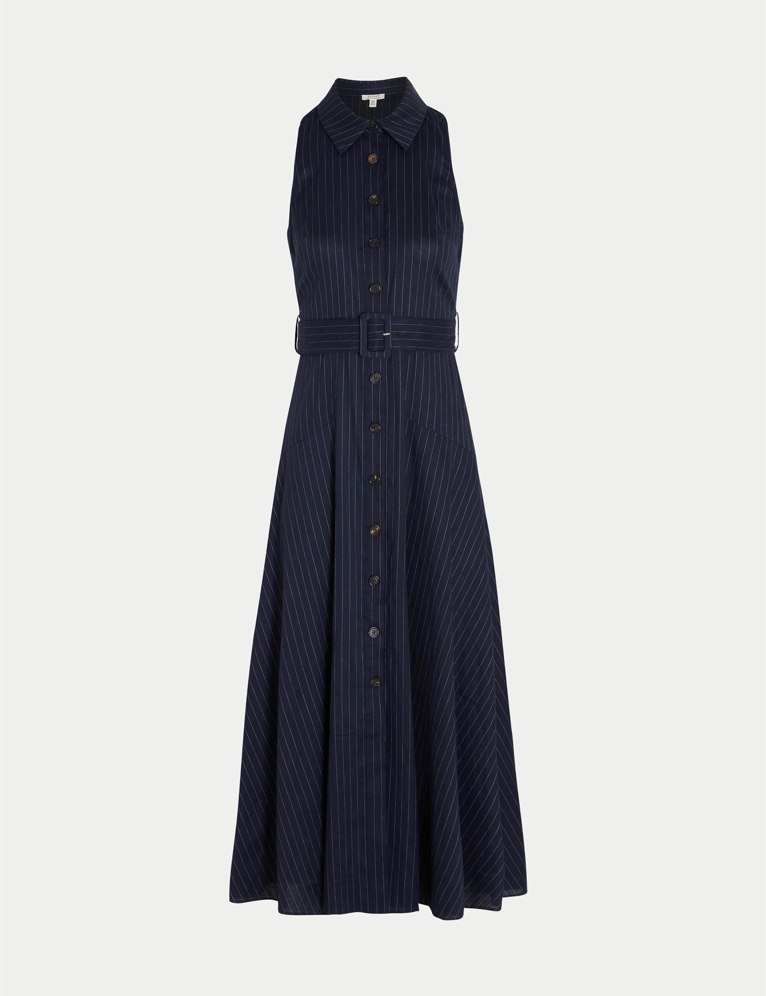 Linen Blend Striped Belted Button Through Midaxi Dress 2 of 8