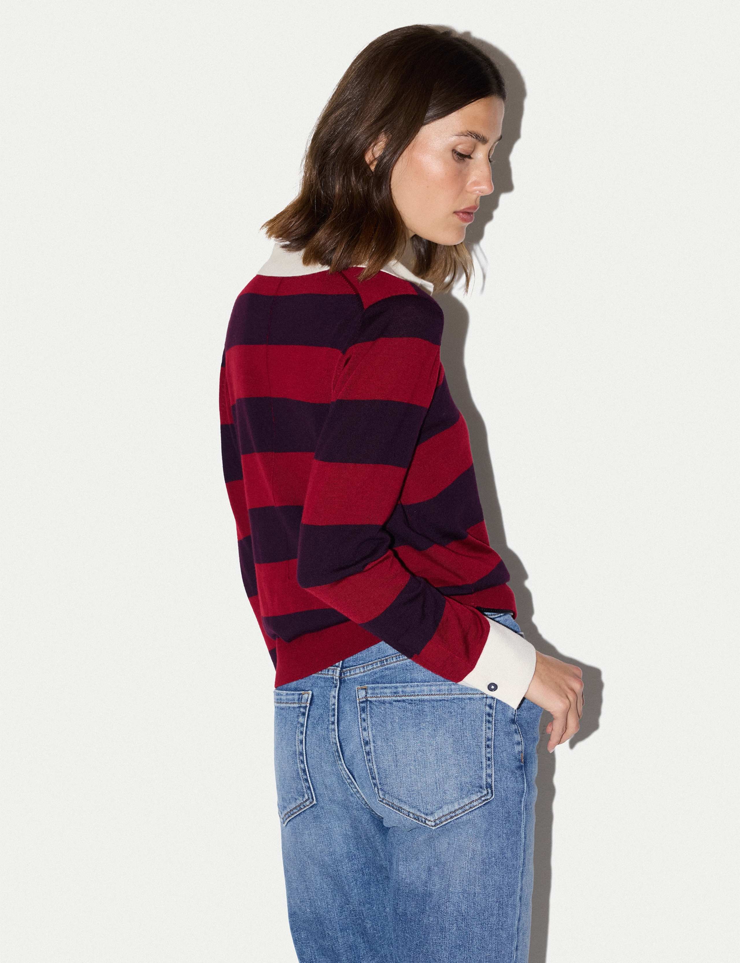 Pure Merino Wool Striped Polo Neck Jumper 5 of 6