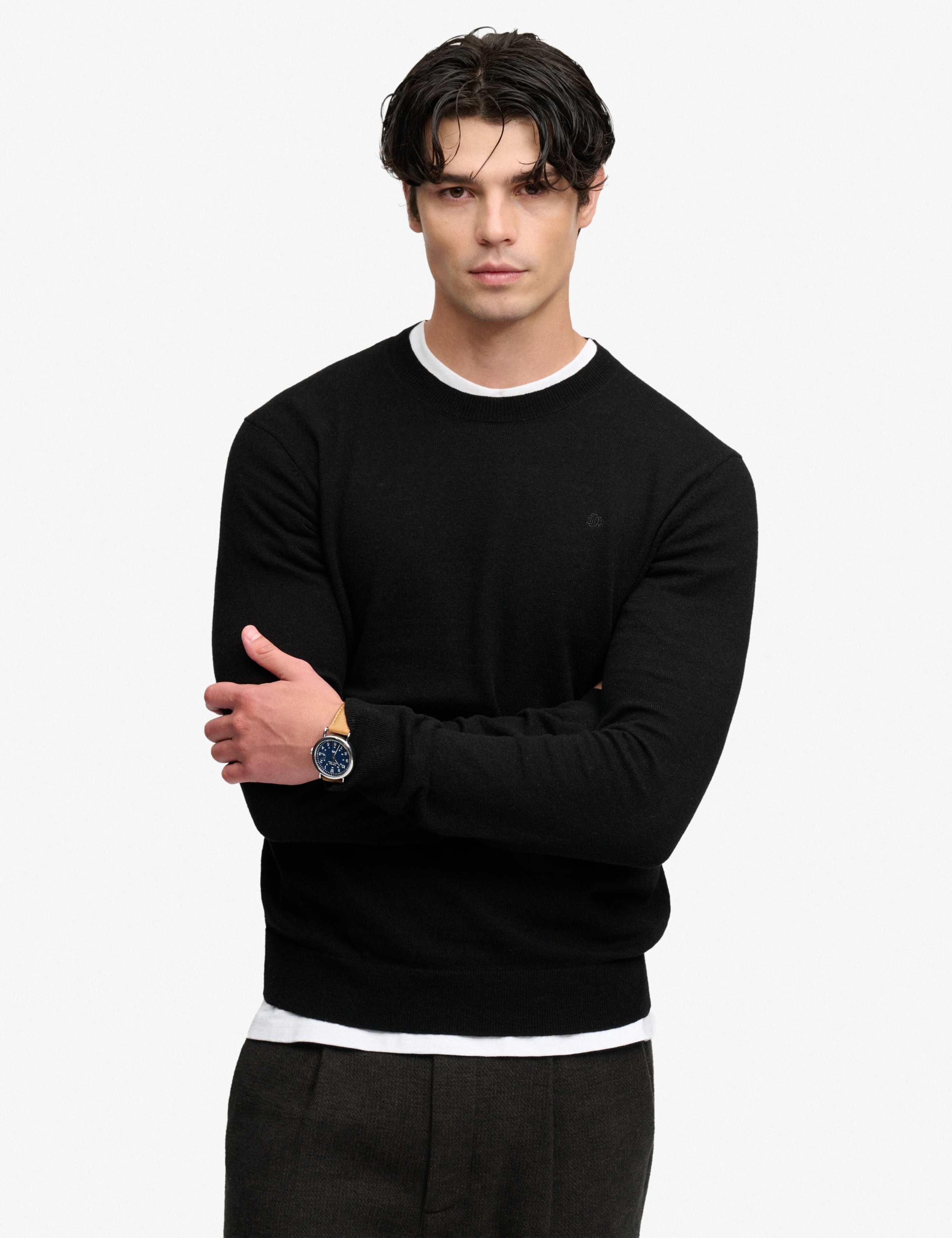 Cotton Rich Crew Neck Jumper with Wool 1 of 7