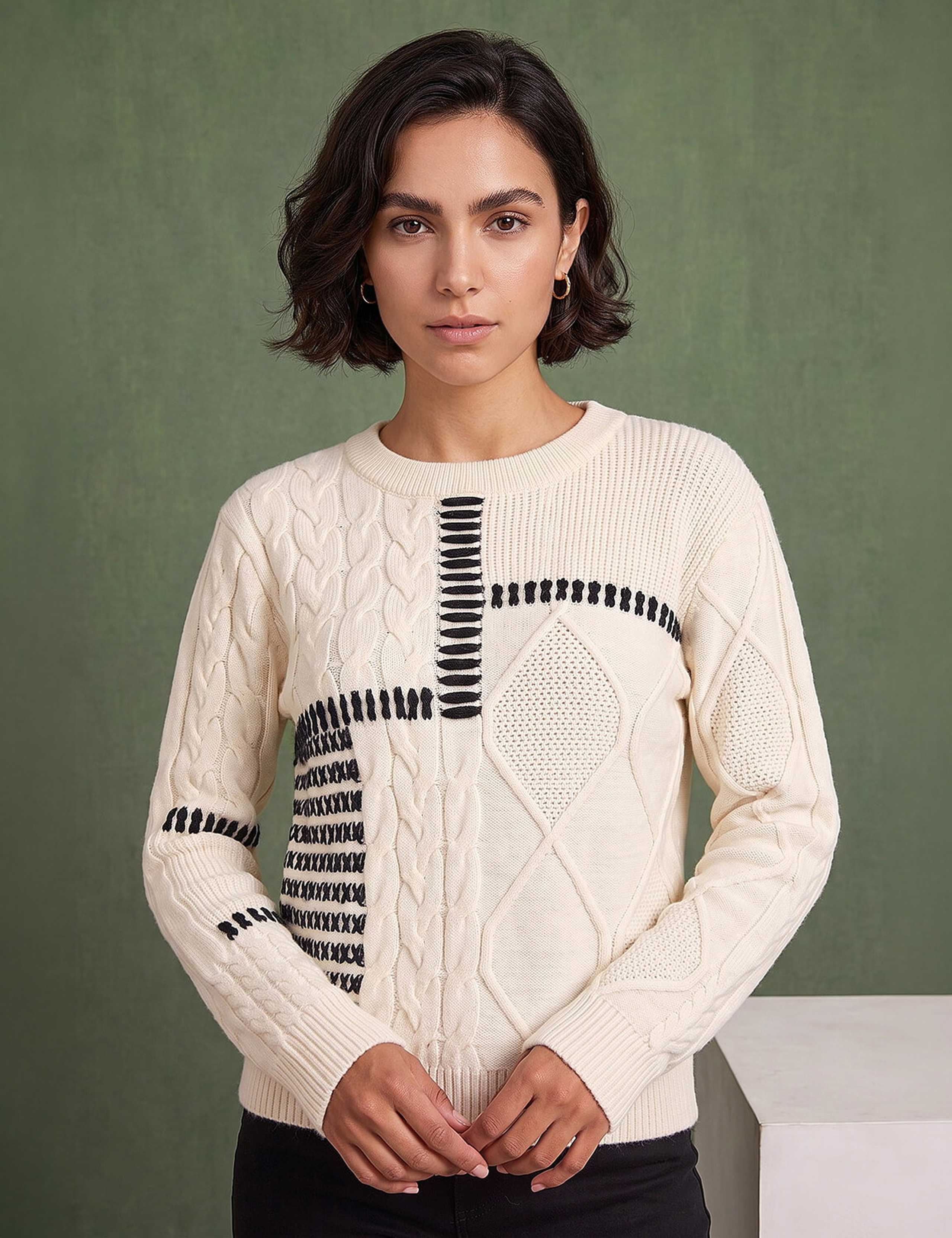 Crew Neck Textured Cable Knit Jumper 1 of 4