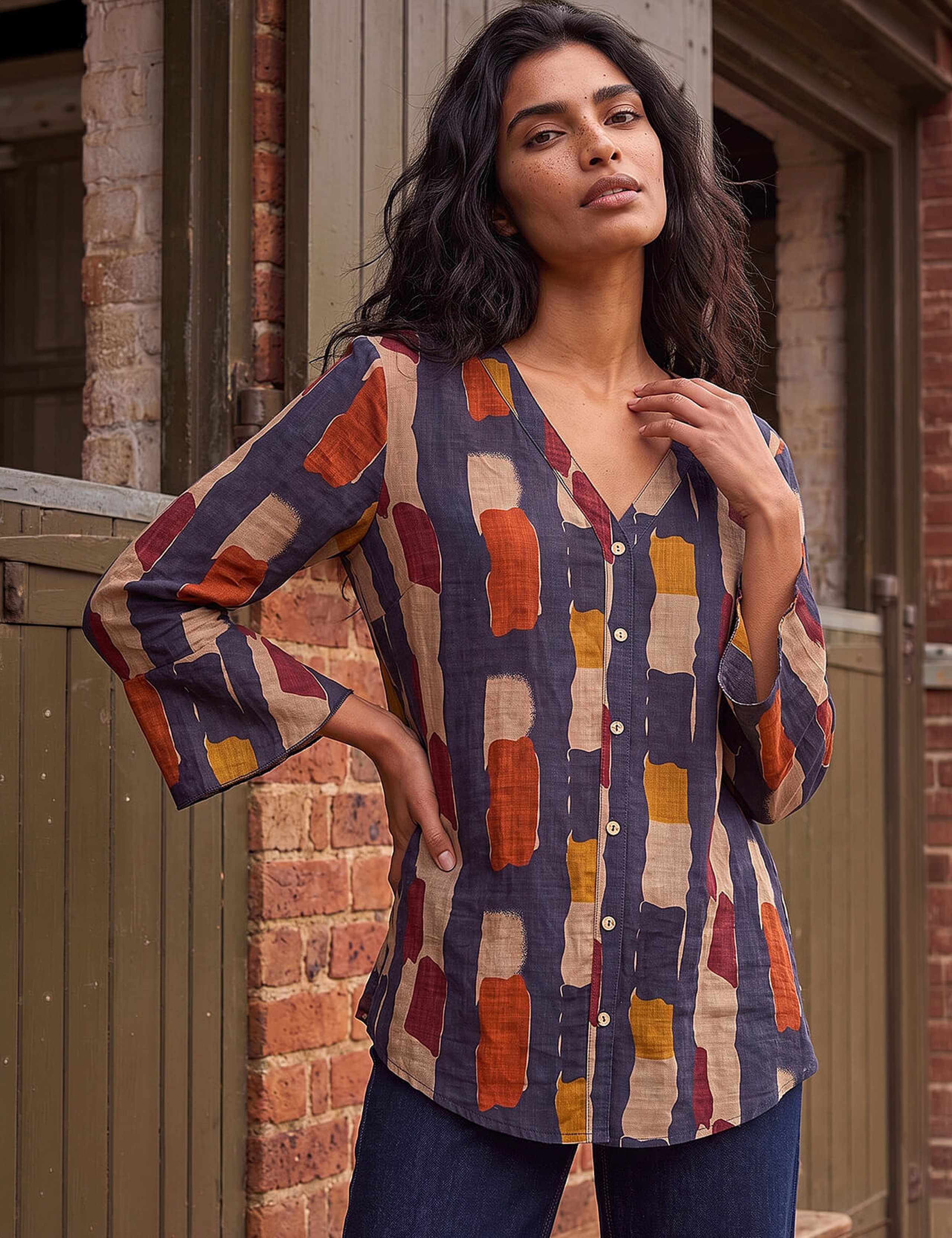 Cotton Rich Abstract Print V-Neck Blouse 1 of 4