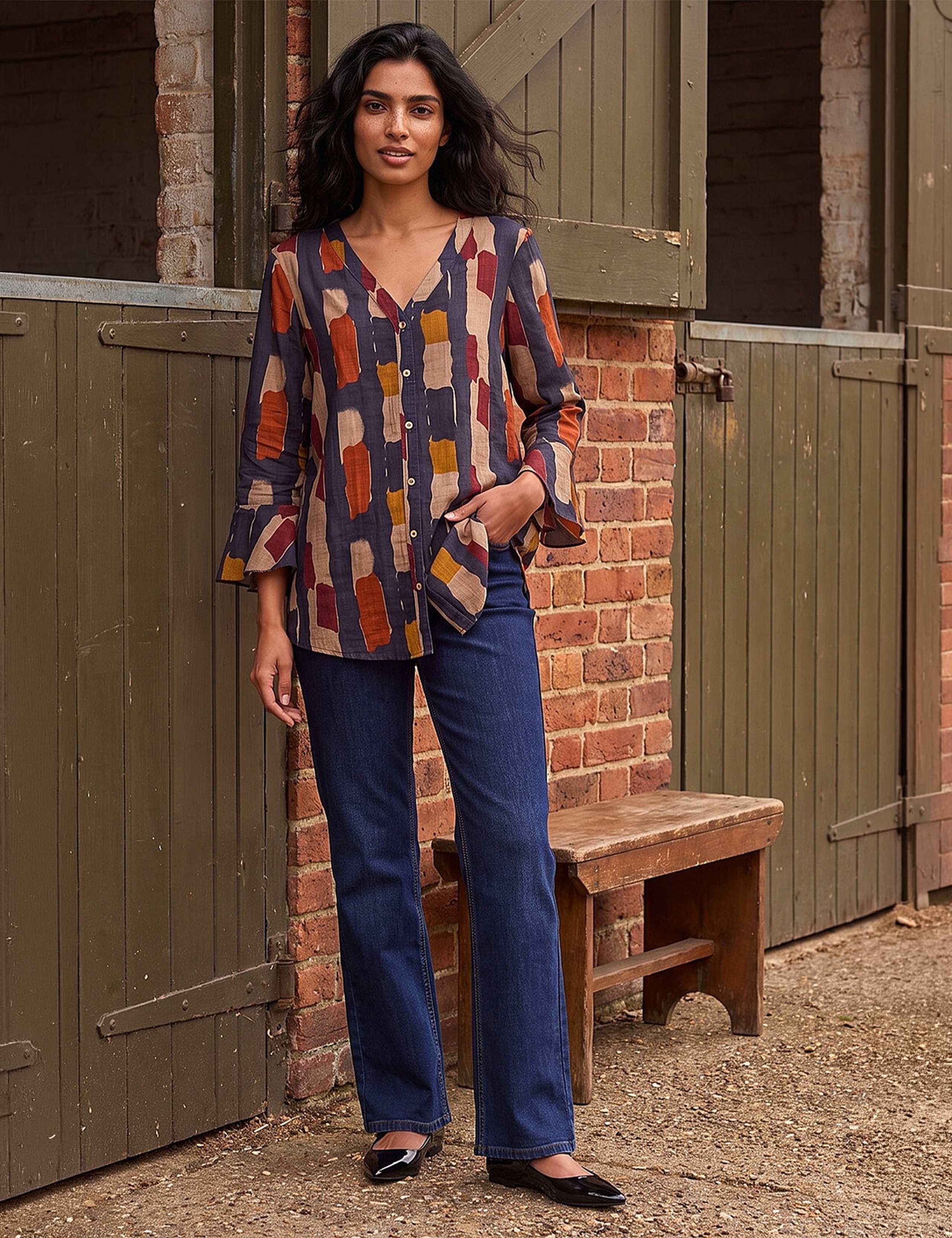 Cotton Rich Abstract Print V-Neck Blouse 2 of 4