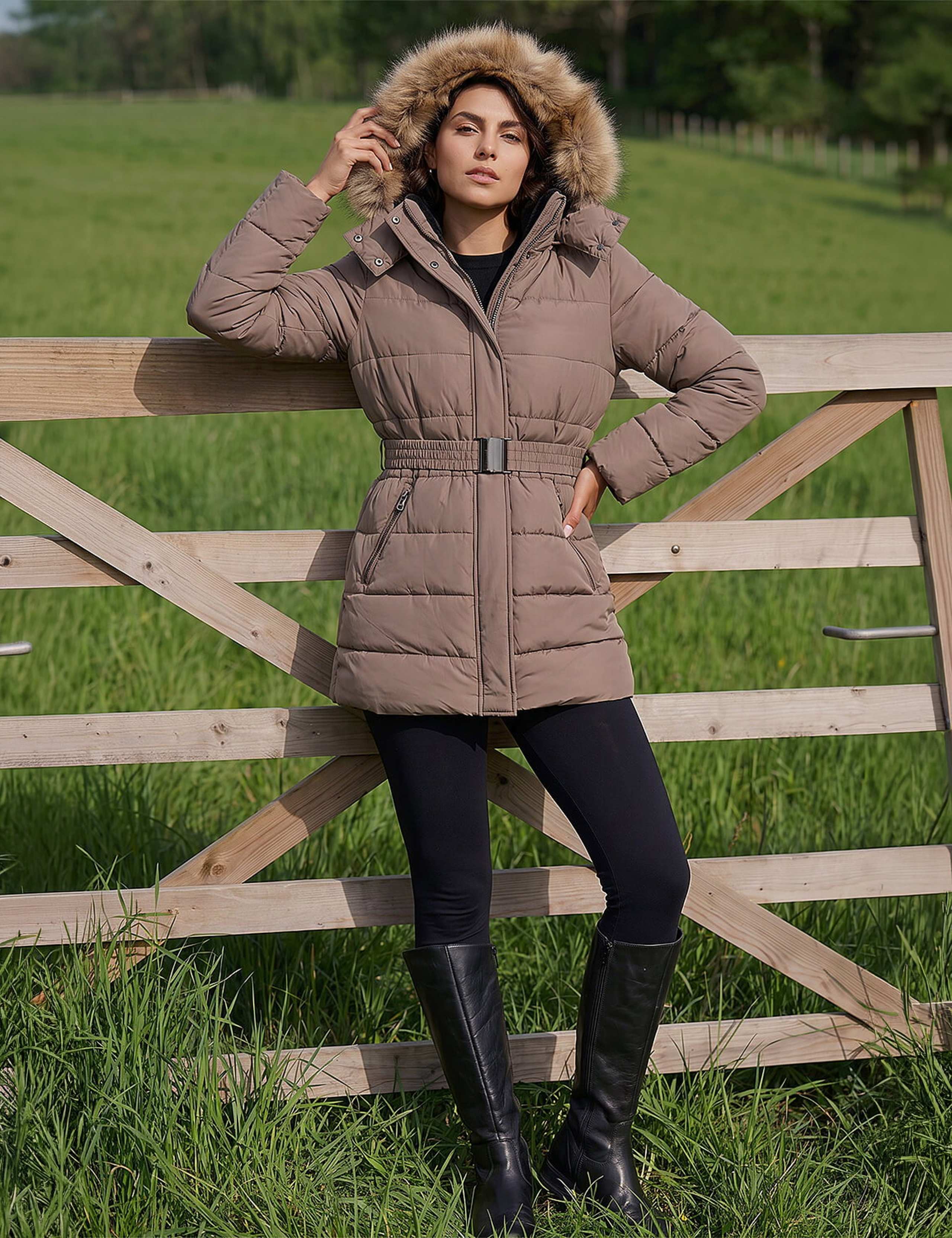 Padded Hooded Belted Faux Fur Detail Coat 3 of 4