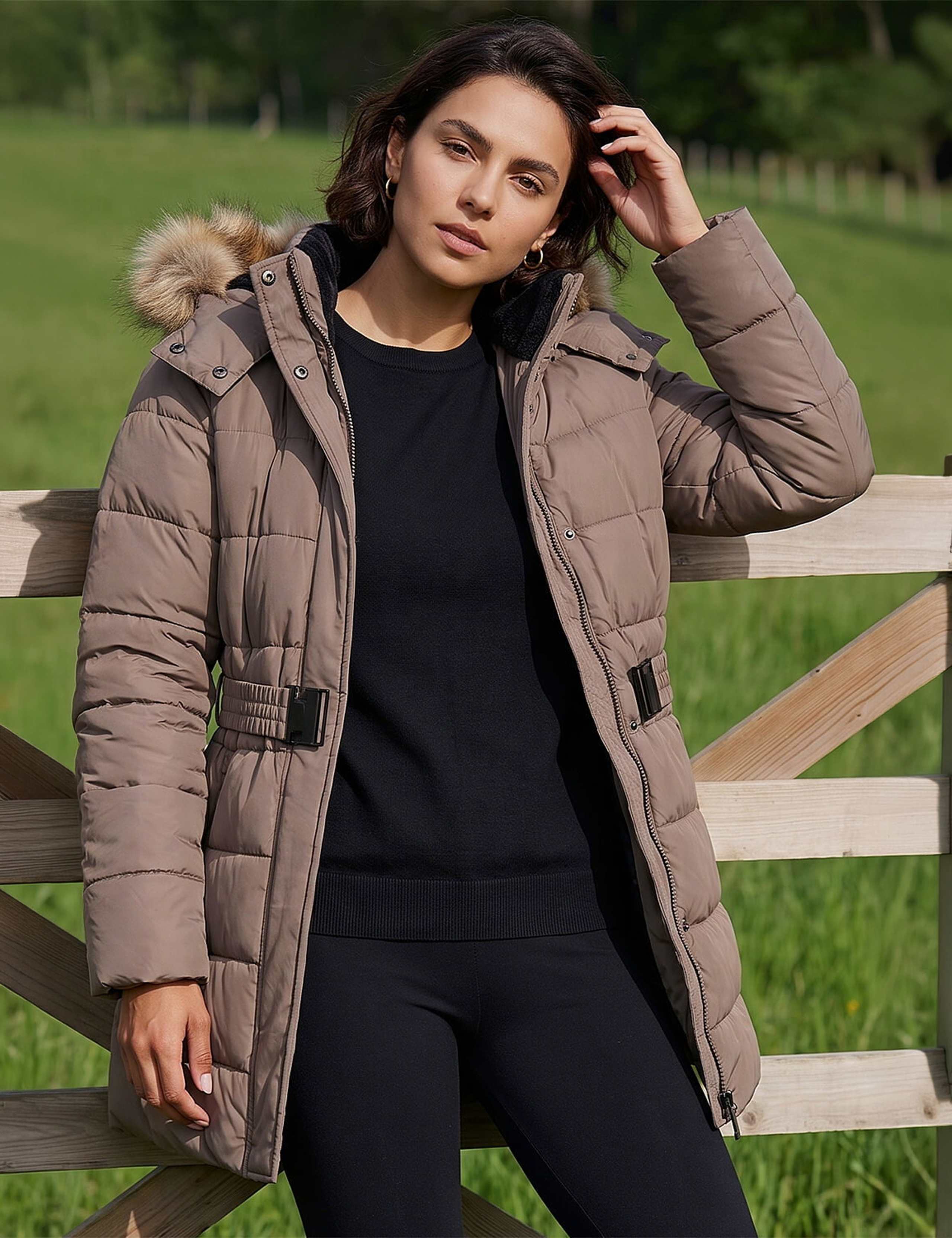 Padded Hooded Belted Faux Fur Detail Coat 4 of 4